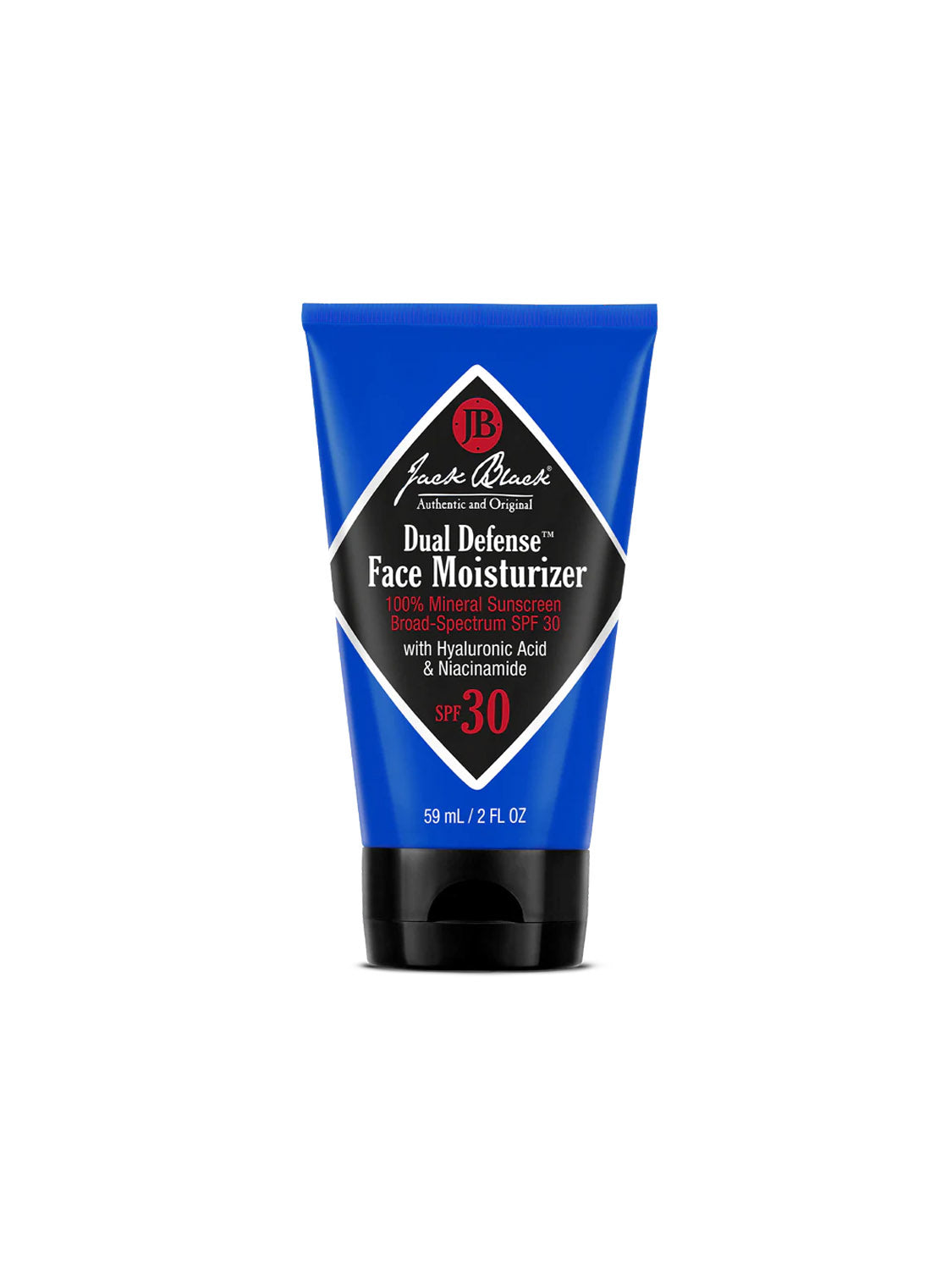 A blue tube of Jack Black Dual Defense™ Face Moisturizer 2 Oz, an oil-free moisturizer with mineral sunscreen, hyaluronic acid, and niacinamide, is displayed against a white background.