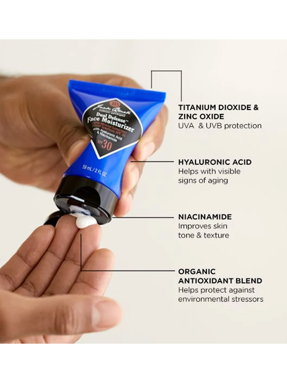 A person dispenses Jack Black Dual Defense™ Face Moisturizer SPF 30 from a blue tube, featuring titanium dioxide, zinc oxide, hyaluronic acid, niacinamide, and an organic antioxidant blend for protection and hydration.