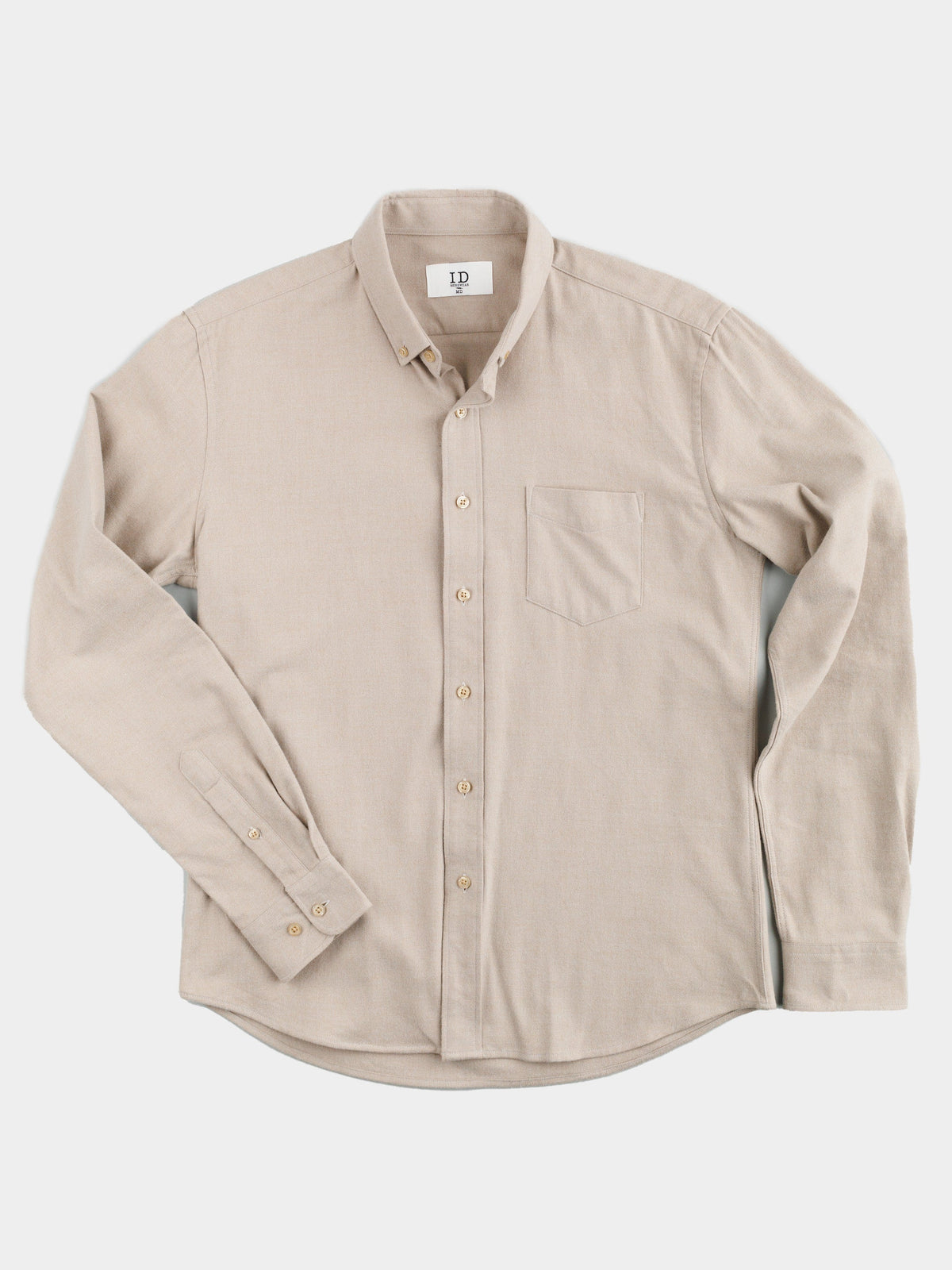 The Rex Cotton Sustans Blends Flannel Shirt by ID Menswear is a beige, long-sleeve button-up with a collar and single chest pocket, shown laid flat on a white background.