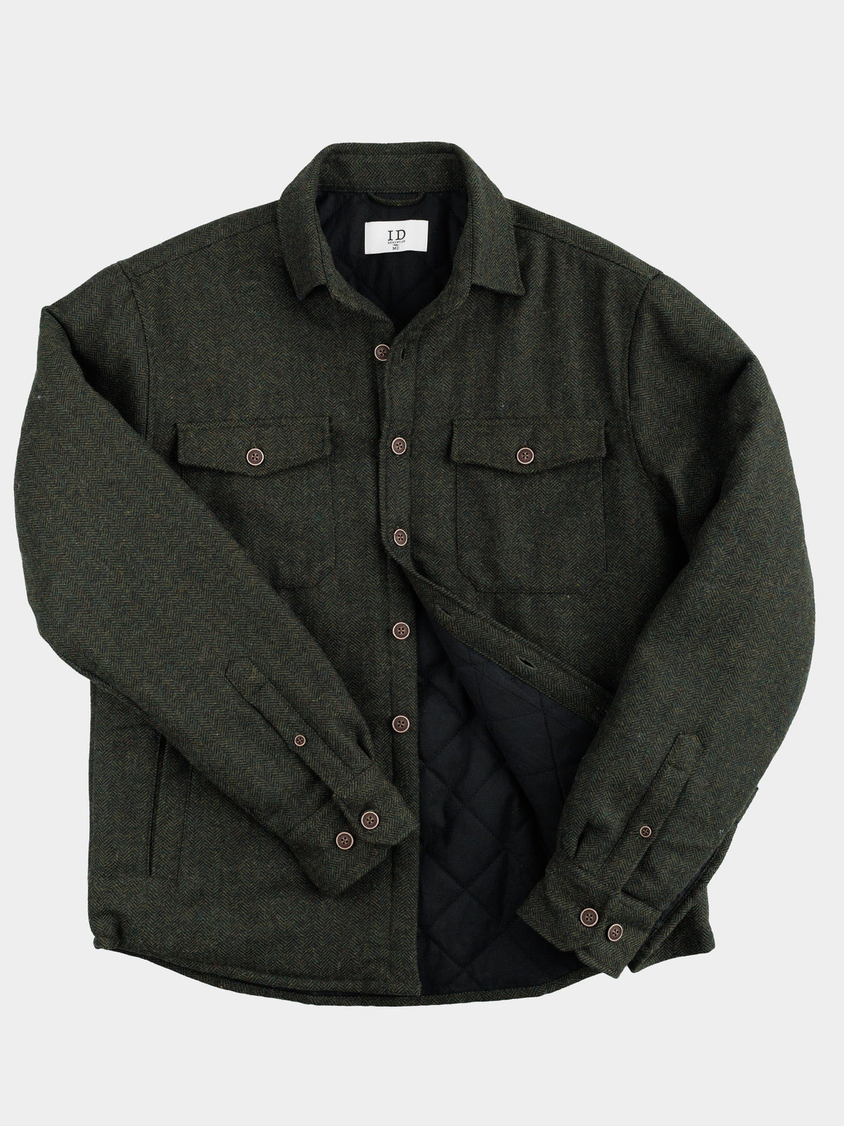 The Stuntman Wool Blend Tweed Jacket by ID Menswear features dark green tweed, a collar, button-up front, two chest flap pockets, side pockets, and quilted lining—timeless outerwear shown on a plain white background.