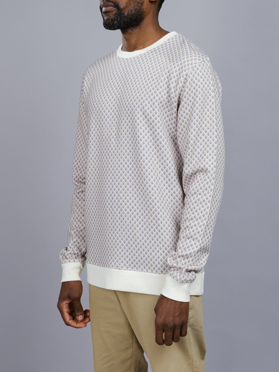 Wearing the Carp Geometric Printed Sweatshirt by ID Menswear, crafted from bamboo and organic cotton fleece with cream cuffs and hem, a person stands against a gray background in beige pants. The head is not visible, adding a modern artistic touch to the scene.