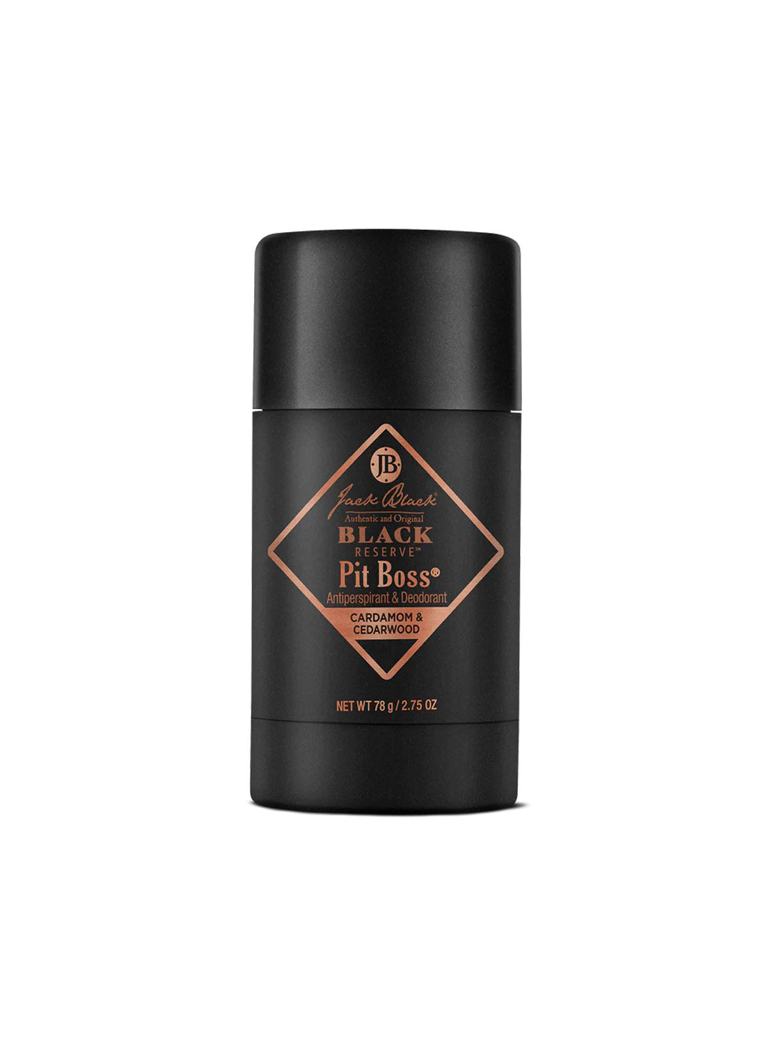 A black cylindrical stick of Jack Black Black Reserve™ Pit Boss® Antiperspirant & Deodorant with copper-colored text, cardamom & cedarwood scent, is shown upright on a white background, highlighting its signature fragrance.