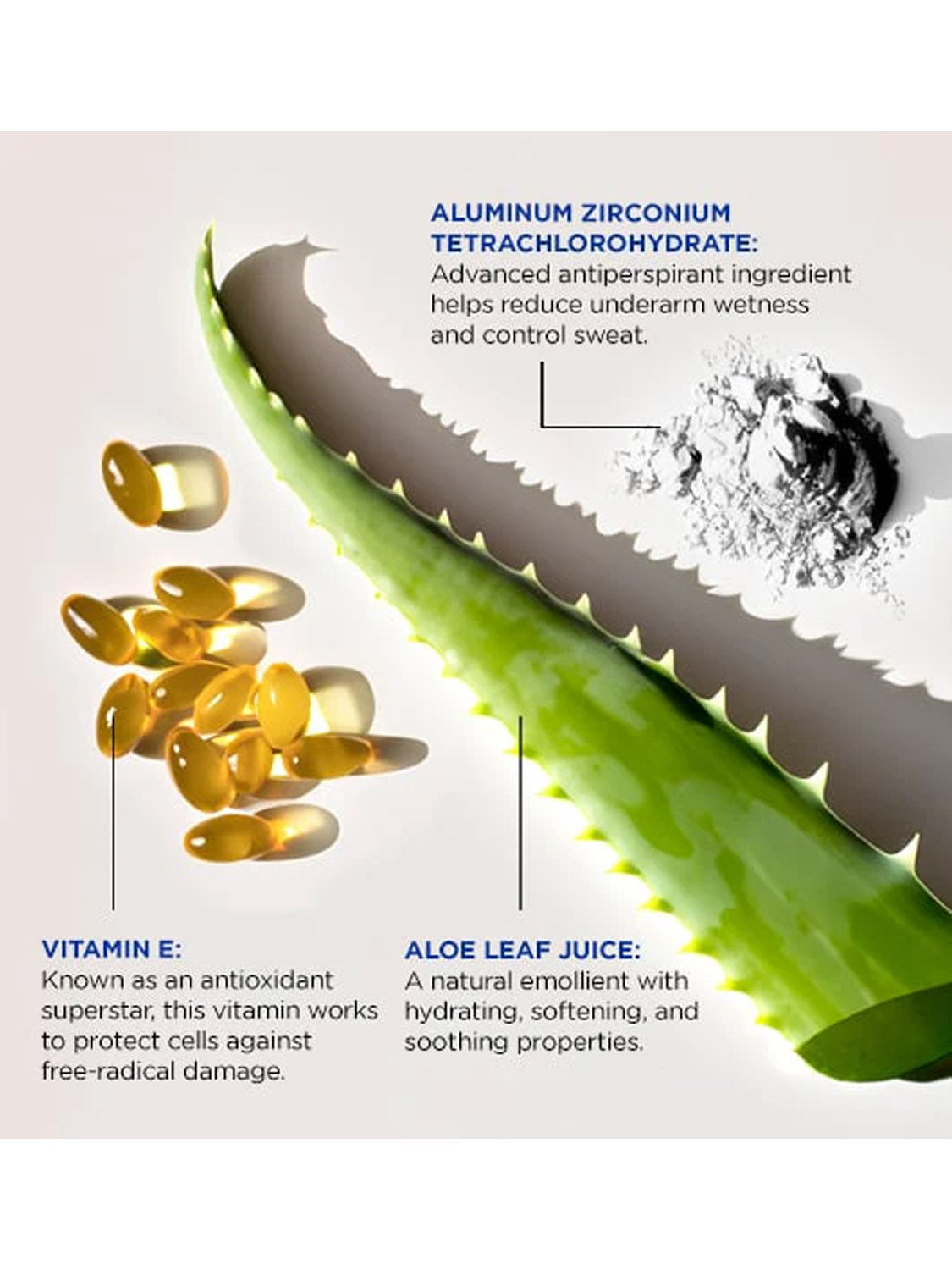 Aloe leaf, vitamin E capsules, and white powder on white background, each labeled to show sweat reduction, antioxidant protection, and soothing benefits—highlighting Jack Black Black Reserve™ Pit Boss® Antiperspirant & Deodorant for men.