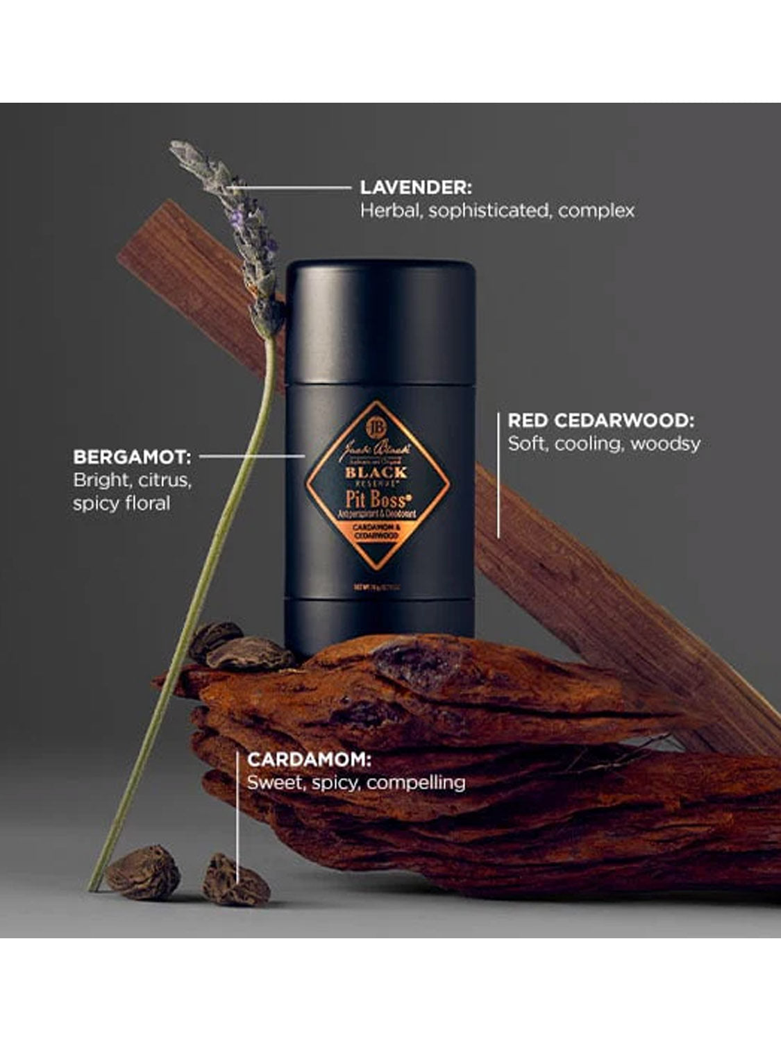 A Jack Black Black Reserve™ Pit Boss® Antiperspirant & Deodorant stick sits on textured wood, surrounded by lavender, cardamom pods, and citrus. Text highlights the Black Reserve scent: lavender, bergamot, red cedarwood, and cardamom.