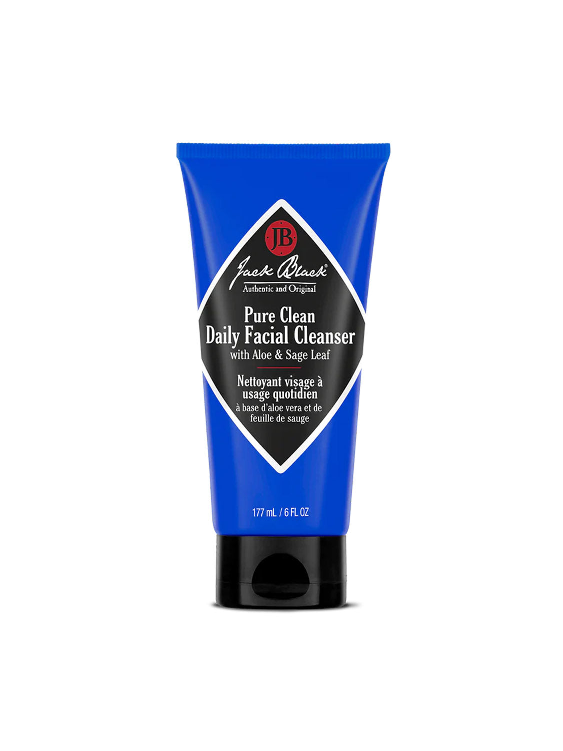 A 6 oz tube of Jack Black Pure Clean Daily Facial Cleanser stands upright on a white background, featuring black-and-white labeling and designed to refresh skin for shaving.