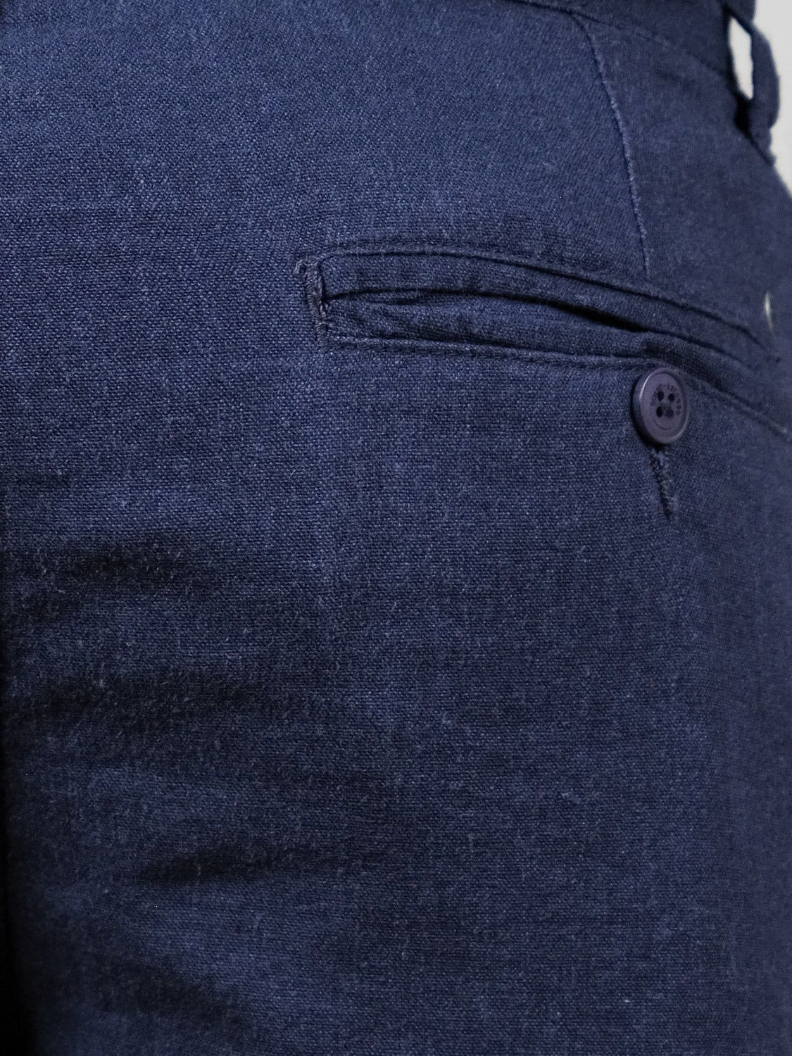 Close-up of the back pocket of dark blue !Solid Aurelius Short, highlighting a single button closure and visible stitching.