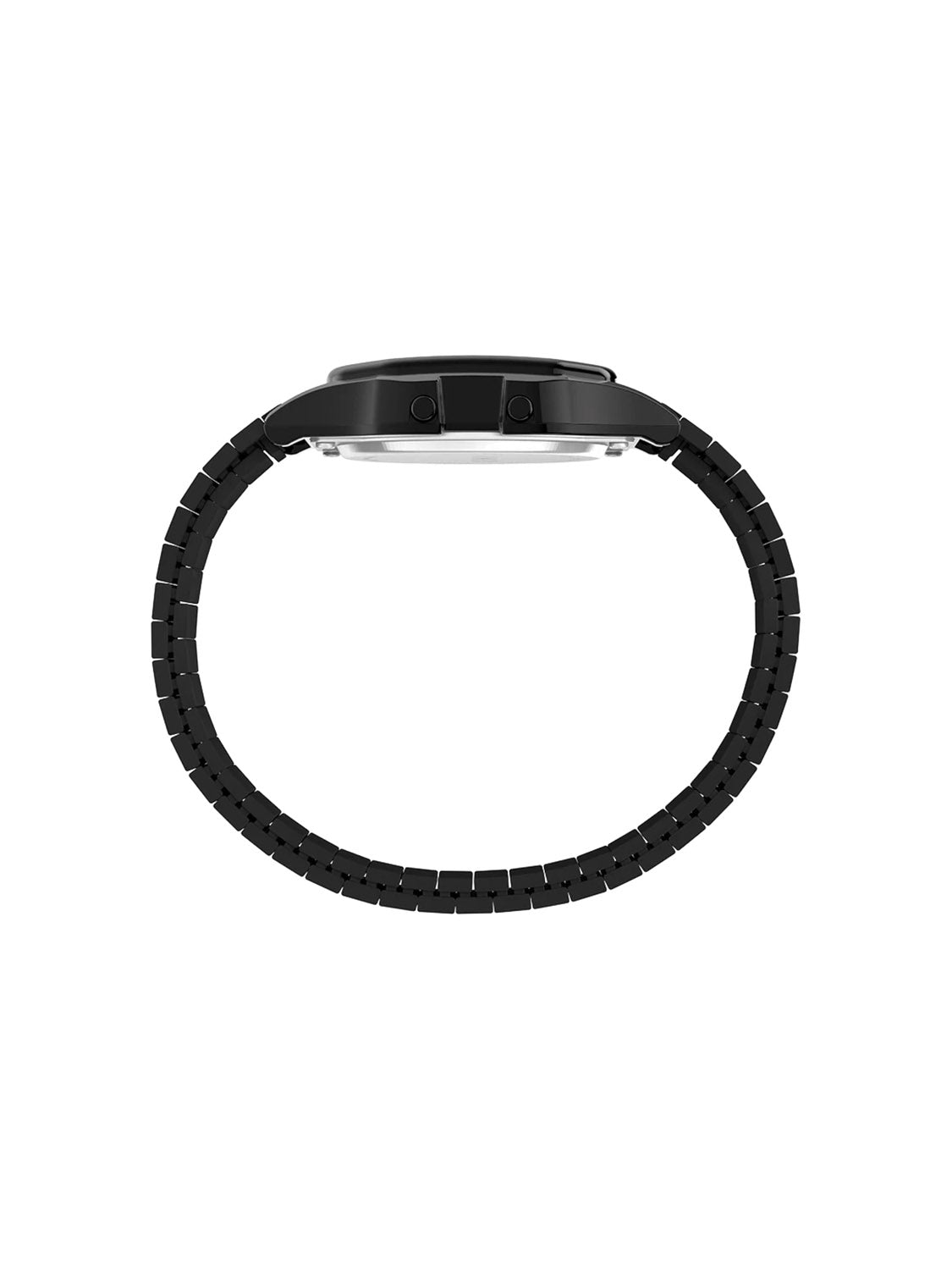 Side view of a Timex T80 with a black retro design and metal link strap. The watch face is obscured, showcasing the casing thickness and detailed stainless-steel expansion band against a plain white background.