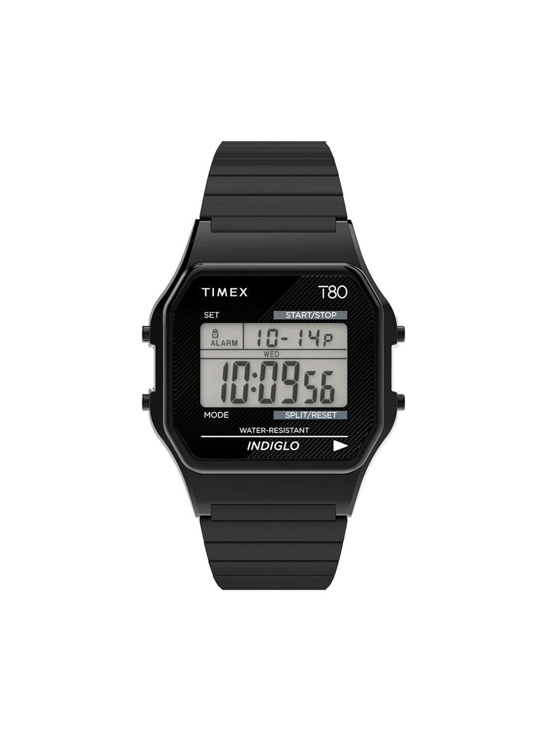 The Timex T80 34mm watch features a retro digital design with functionality, displaying time (10:09:56), date, and alarm indicators. It is water-resistant and has an INDIGLO light with a stainless-steel expansion band.