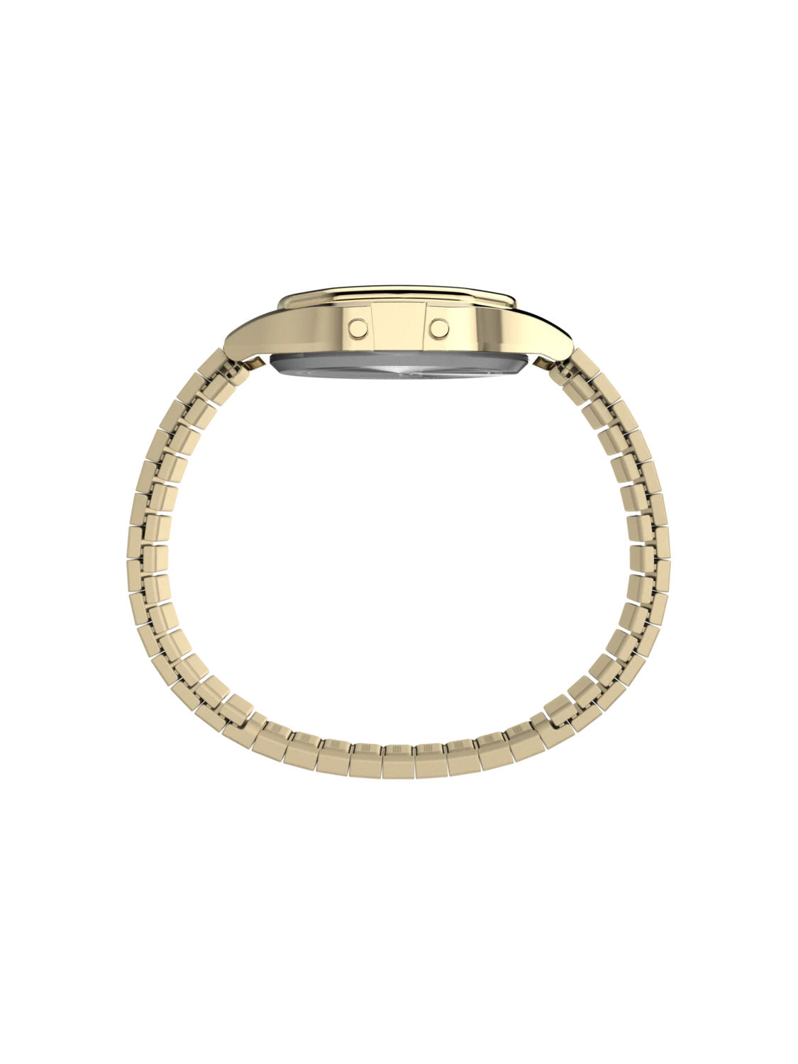 Side view of the Timex T80 34mm with a gold stainless steel expansion band, showcasing a sleek, minimalist retro design. The round watch case is enigmatic without visible face details.