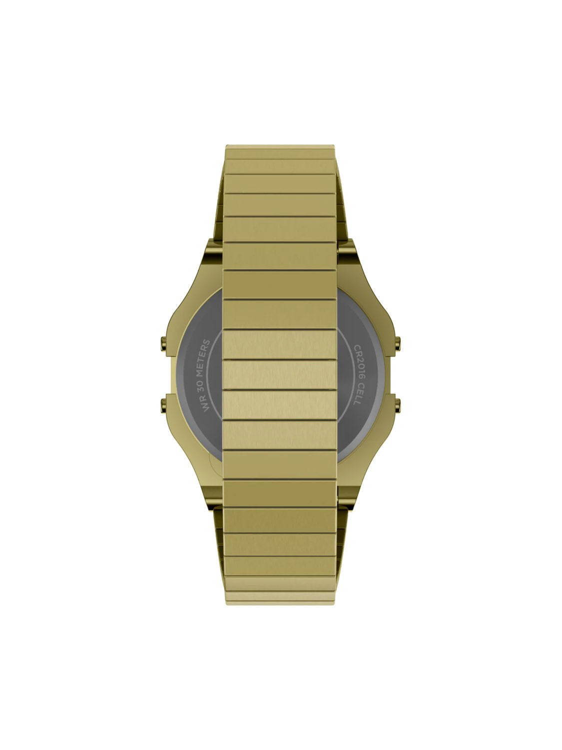 The Timex T80 34mm showcases a rectangular retro design with a sleek metallic band and back case. The stainless steel expansion band exudes timeless elegance, featuring water resistance and movement type on its plain white face.