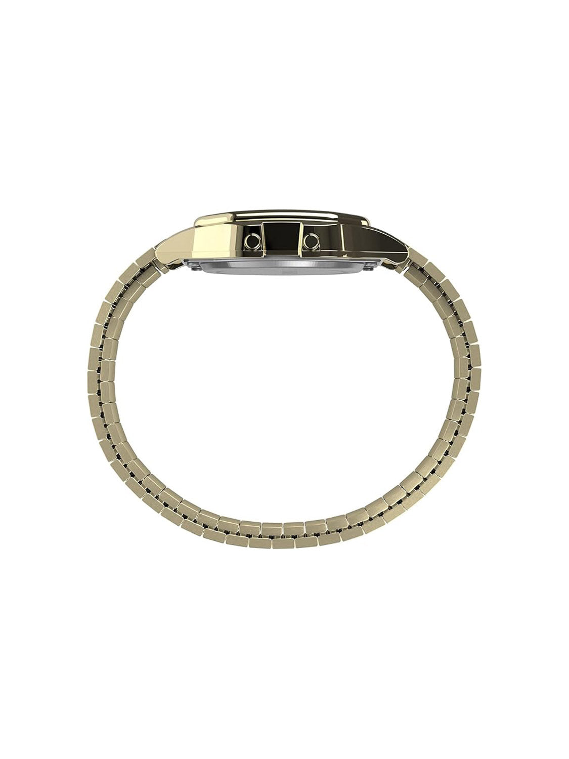 Side view of the Timex T80 34mm Stainless Steel Expansion Band Watch by Timex, featuring a round face and two adjustment buttons, displayed on a plain white background.