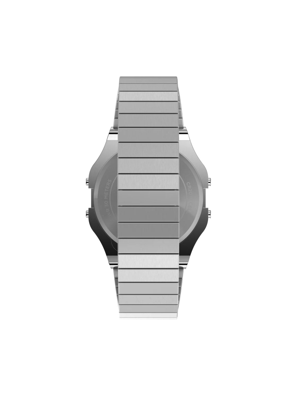 The Timex T80 34mm Stainless Steel Expansion Band Watch features a minimalist, retro design with a polished finish. It showcases a circular case and expandable band from the back.