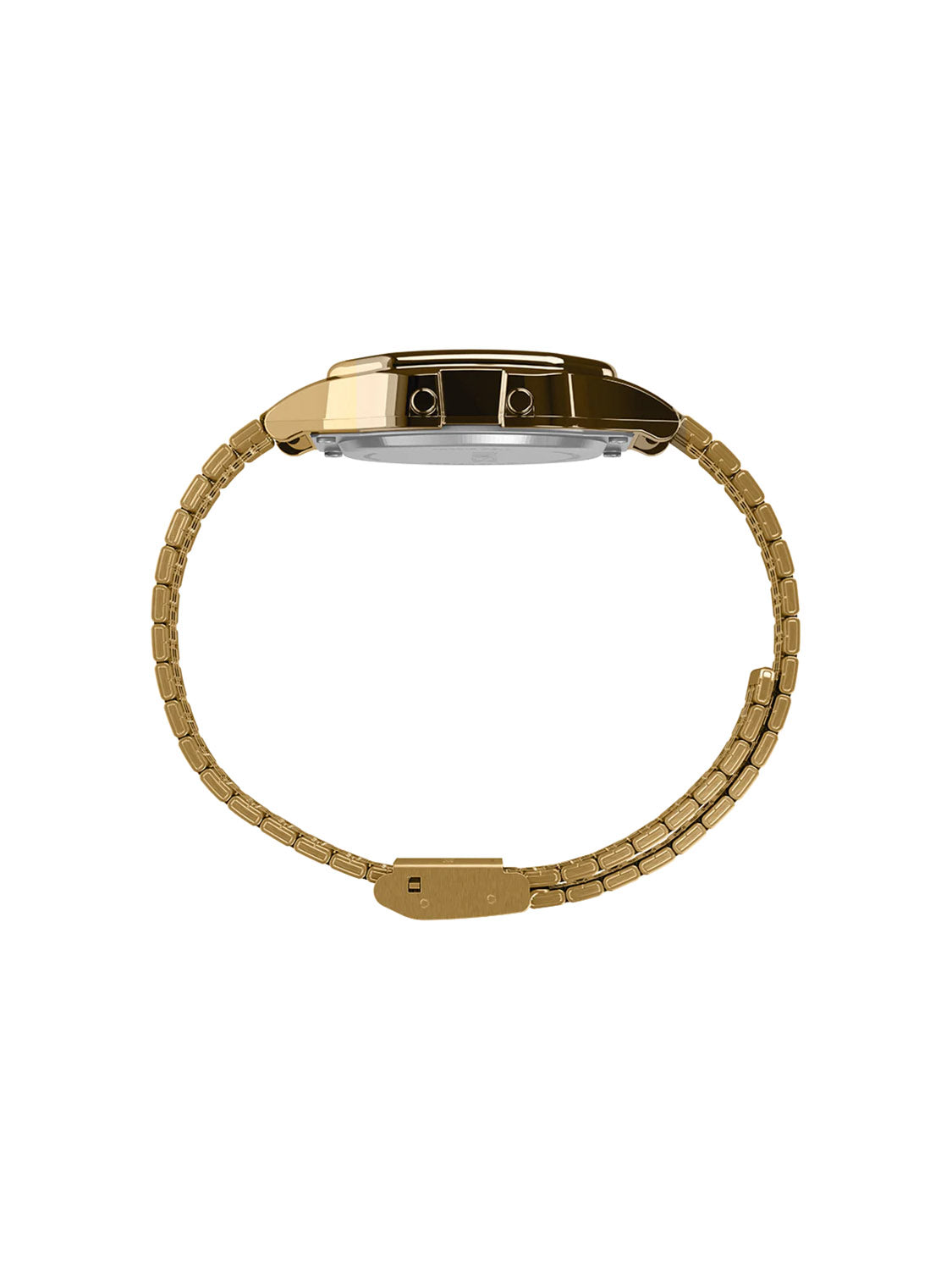 Side view of the Timex T80 34mm Stainless Steel Bracelet Watch in gold, with a thin, linked bracelet. The watch features a sleek, minimalist design with a round case and smooth bezel. Its retro style and visible clasp complete its elegant sophistication.