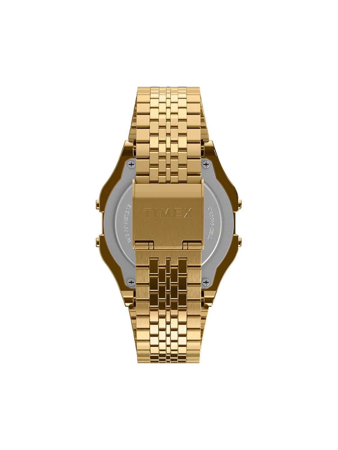 The Timex T80 34mm Stainless Steel Bracelet Watch, featuring a gold woven metal bracelet and a rectangular metallic-finished case with engraved text, exudes elegant retro charm while blending timeless style with modern sophistication.