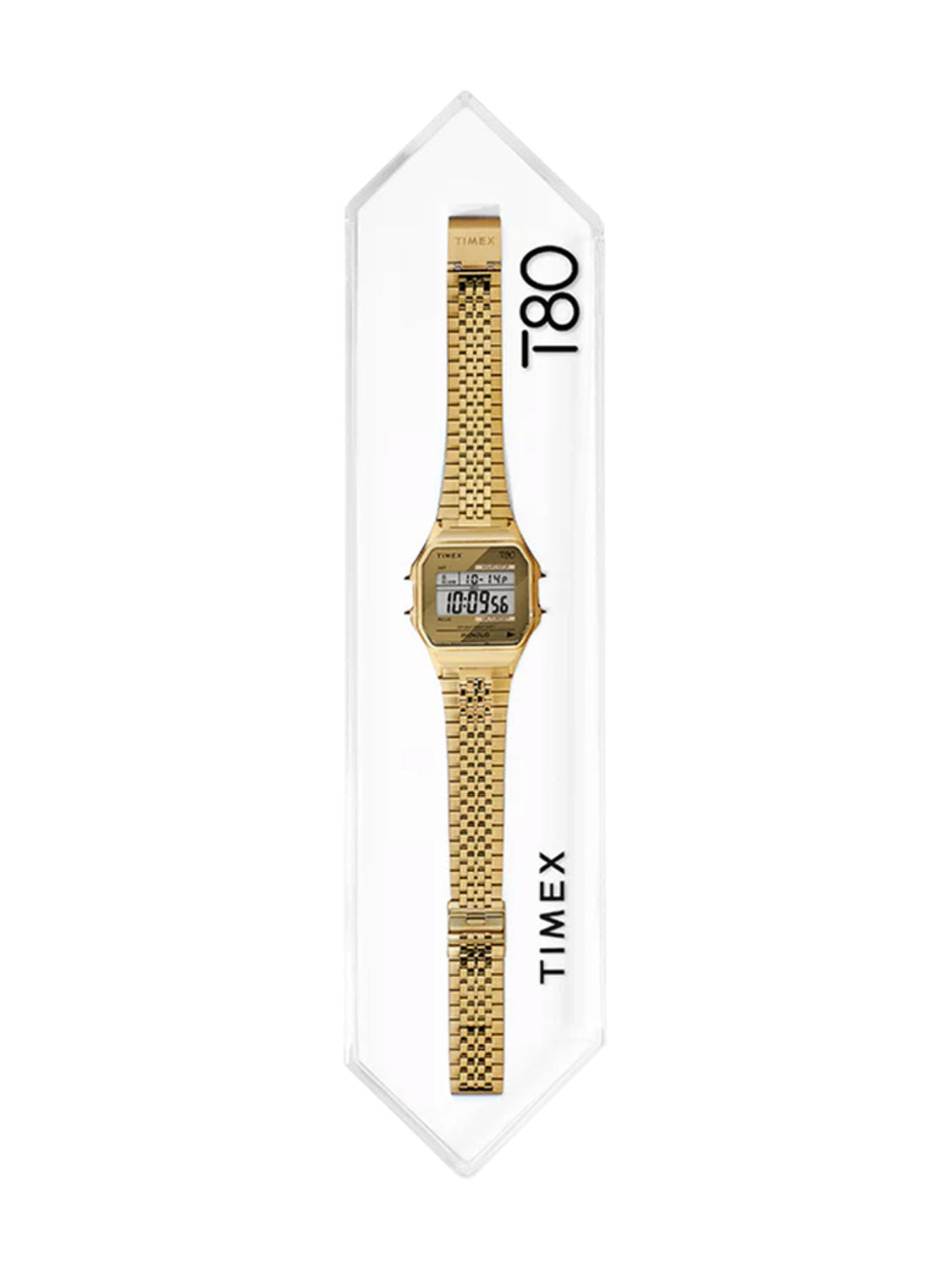 The Timex T80 34mm Stainless Steel Bracelet Watch, with a retro design and mesh-style bracelet, is elegantly displayed in transparent packaging. The digital screen shows 11:09, while sleek black text highlights the T80 and Timex branding.