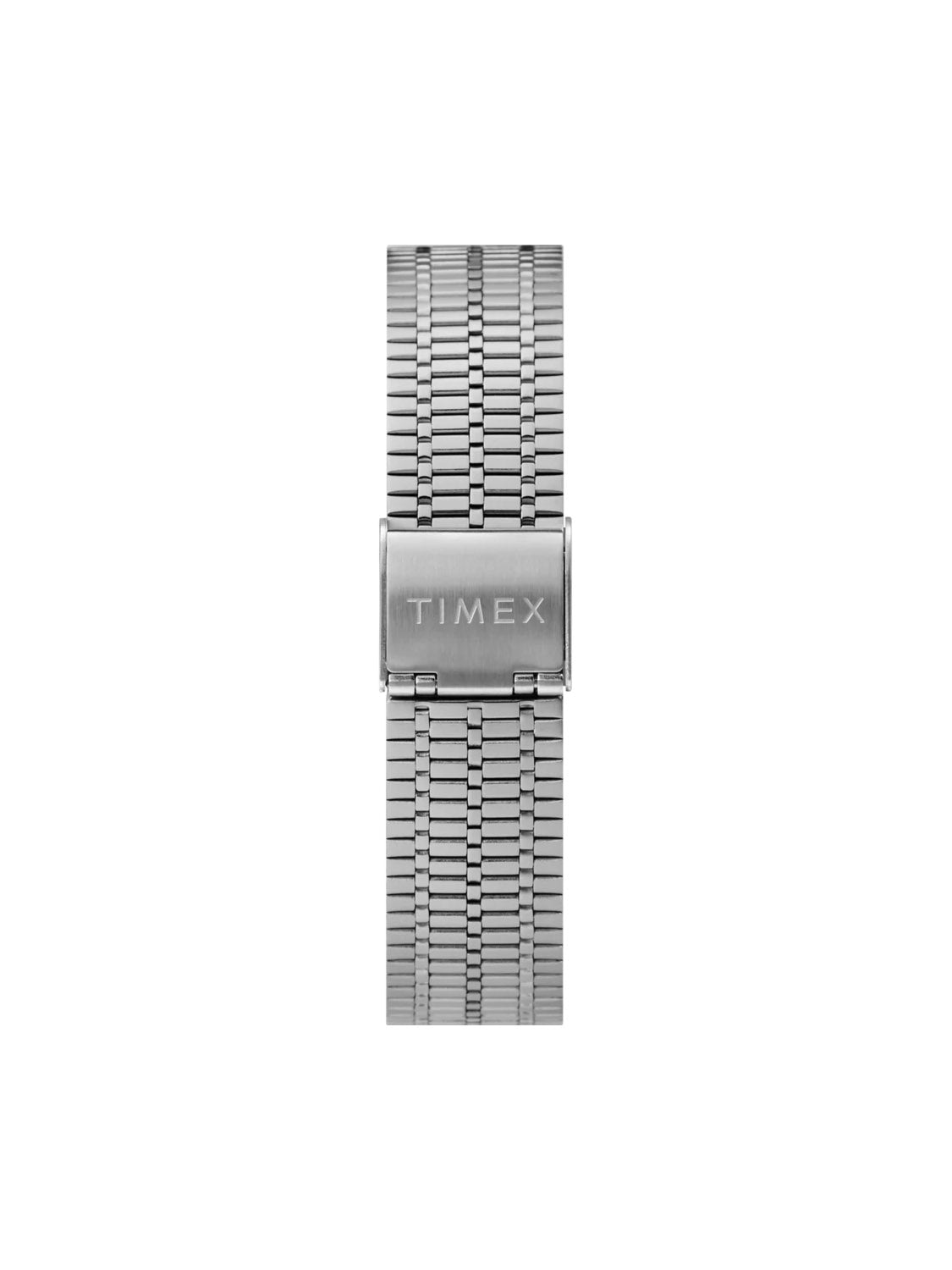 A close-up of the stainless steel bracelet on the Q Timex Reissue 38mm watch shows a clasp engraved with TIMEX. The woven, multi-link band complements this diver-inspired timepiece from Timex with reliable quartz movement.