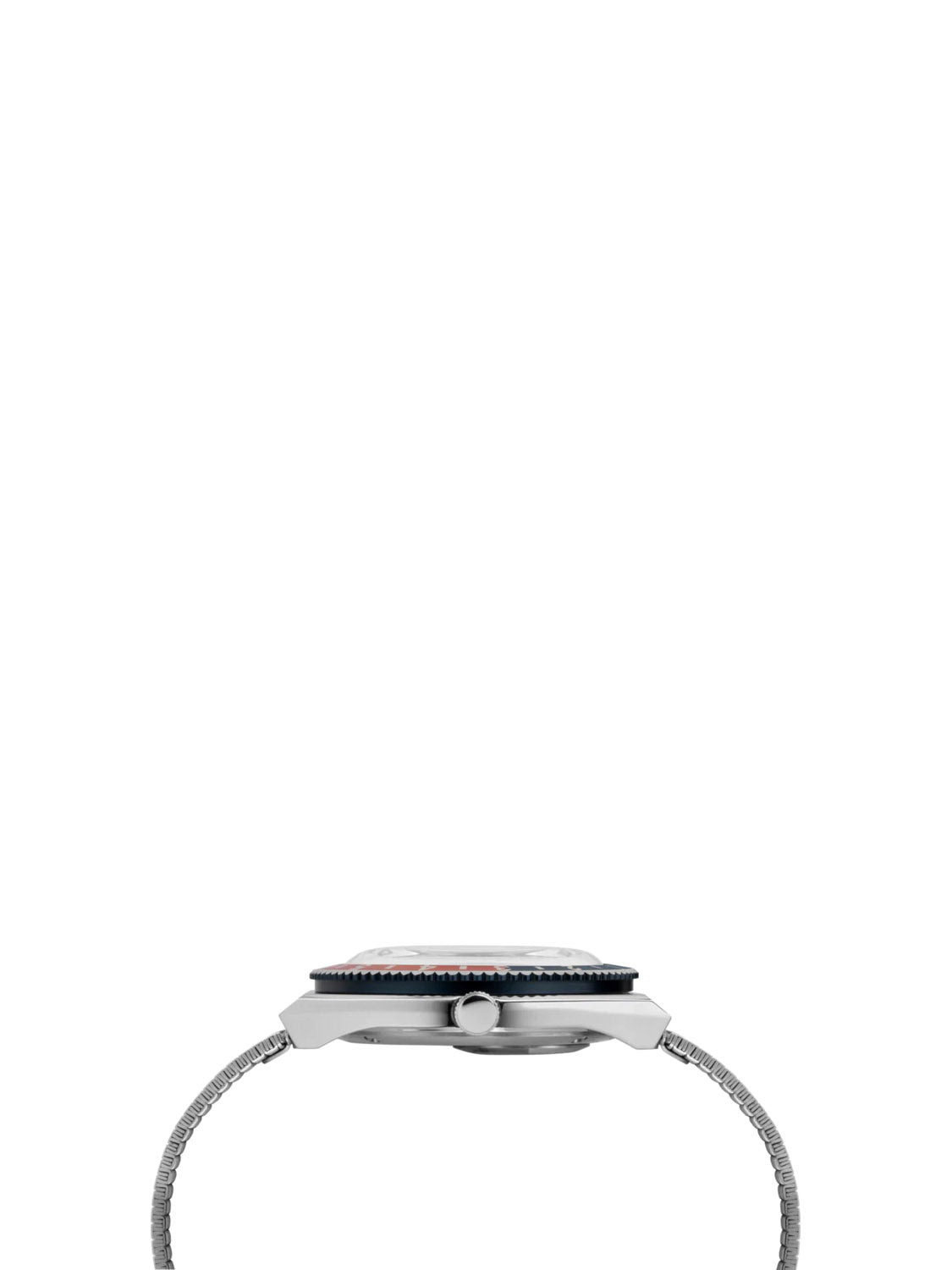 Side view of the Timex Q Timex Reissue 38mm Stainless Steel Bracelet Watch with a round face, visible crown, and bezel edge, displayed on a plain white background with ample space above.