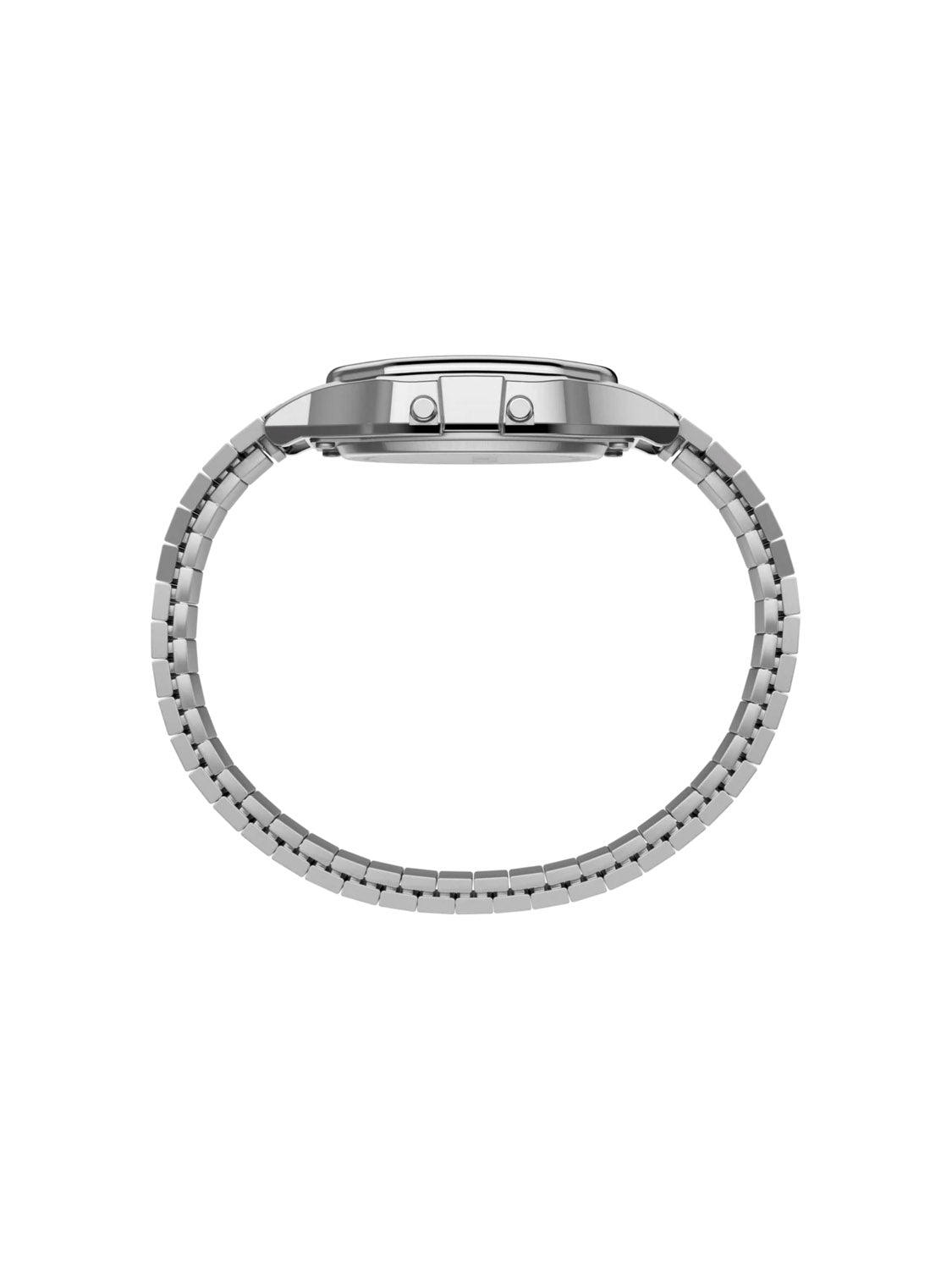 Side view of the Timex T80 34mm Stainless Steel Expansion Band Watch by Timex, featuring a silver retro design with two side buttons on its round case, shown against a plain white background.