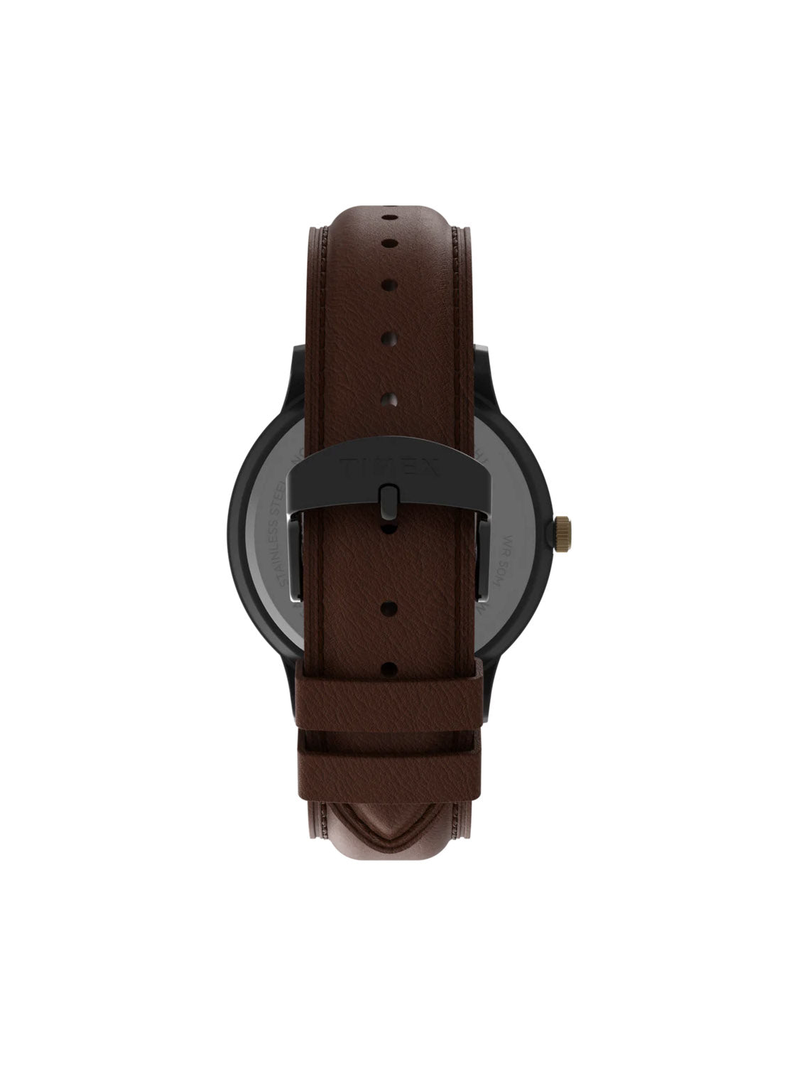 A brown leather strap with a black buckle is shown vertically on the back of the Timex Waterbury Classic Day/Date 40mm Leather Strap Watch, with the branding embossed on the strap loop.