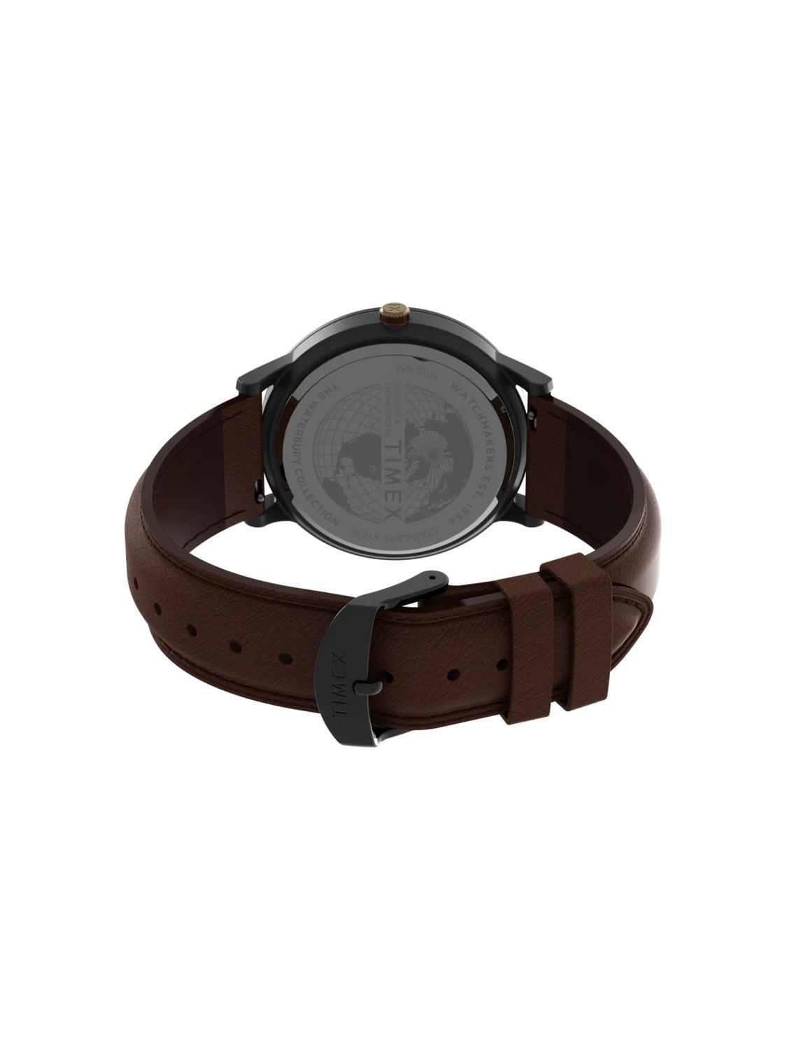 The Timex Waterbury Classic Day/Date 40mm Leather Strap Watch features a brown leather strap, black metal buckle, and a stainless steel case back with the Timex logo and engraved model details shown from the back.