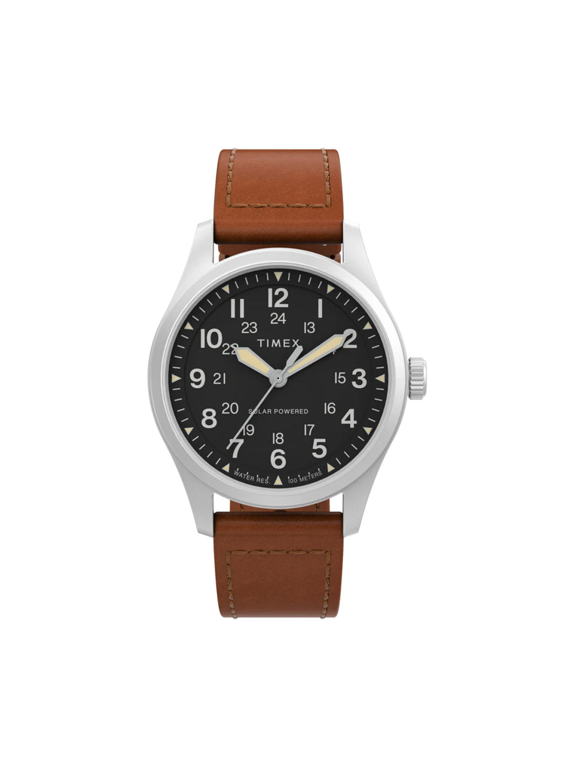 The Timex Expedition Field Post Solar 36mm watch features eco-friendly brown leather, a silver case, and a black dial with white numerals, white hands, a date at 3 o’clock, and the Timex logo on the face.