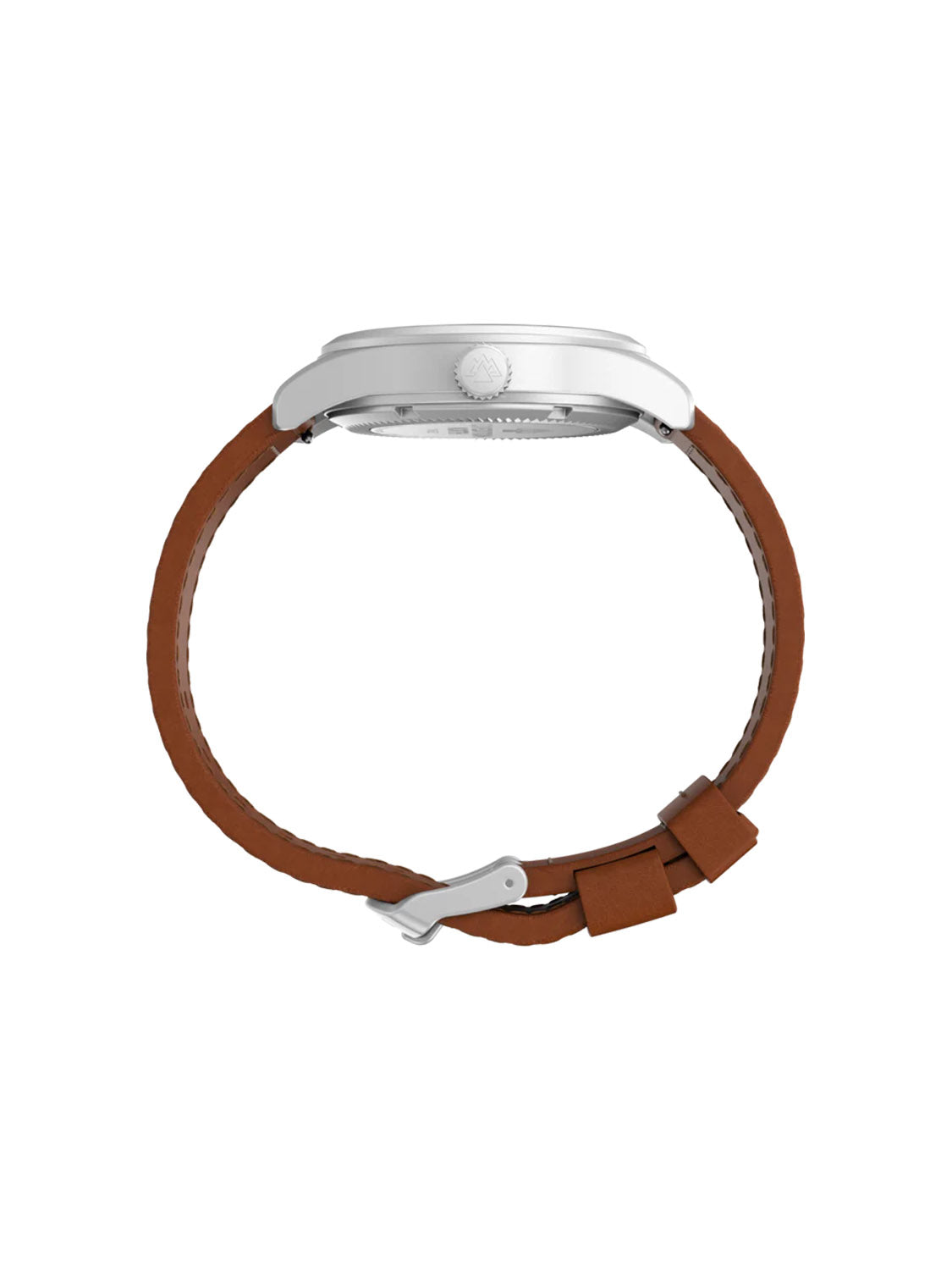Side view of the Timex Expedition Field Post Solar 36mm watch with a silver case, eco-friendly brown leather strap, and silver buckle, displayed against a white background.