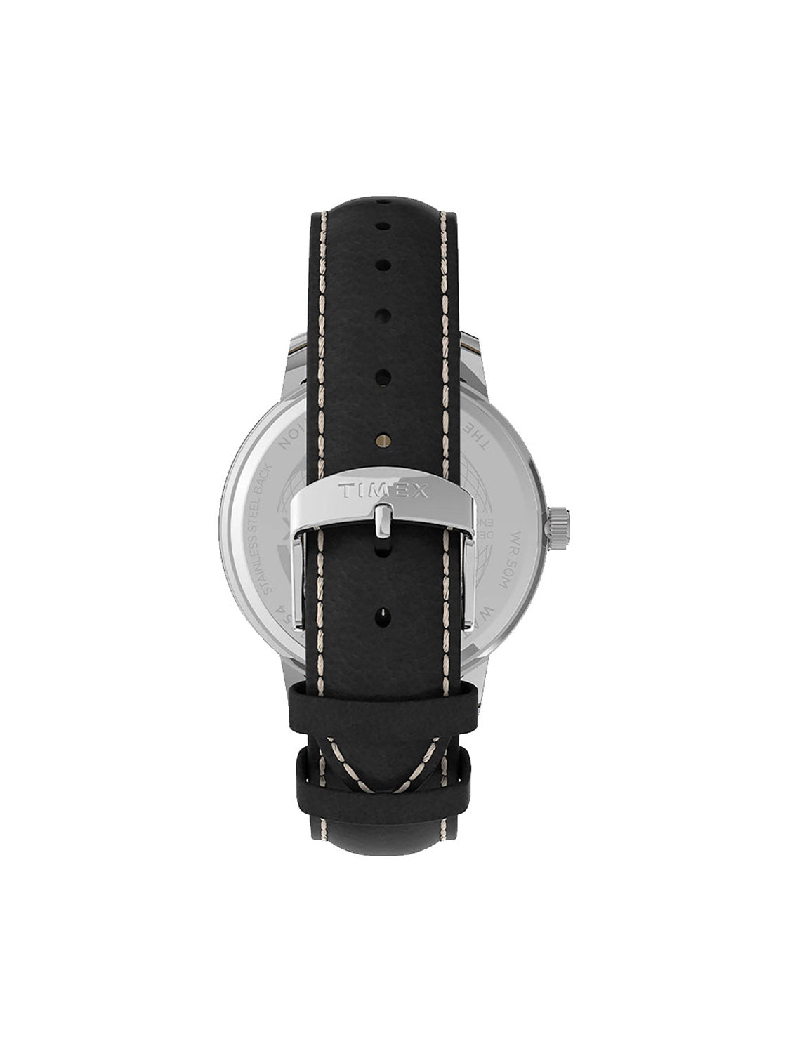 The image displays the back of a Timex Chicago Day Date 45mm Leather Strap Watch, featuring a black leather strap with white stitching. The silver buckle with the brand name secures the strap, revealing the stainless steel case back and quartz movement.