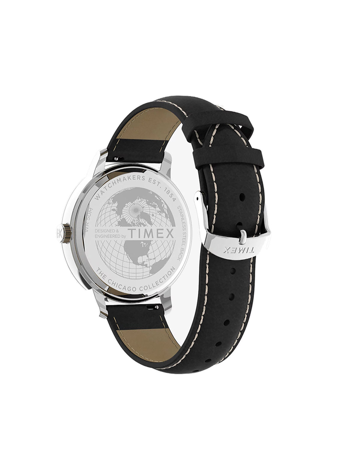 Introducing the Timex Chicago Day Date 45mm Leather Strap Watch, featuring a sleek stainless steel case, polished silver casing, and black leather strap with light stitching. The back highlights engraved text, a globe design, and the iconic Timex logo for perfect style and precision balance.