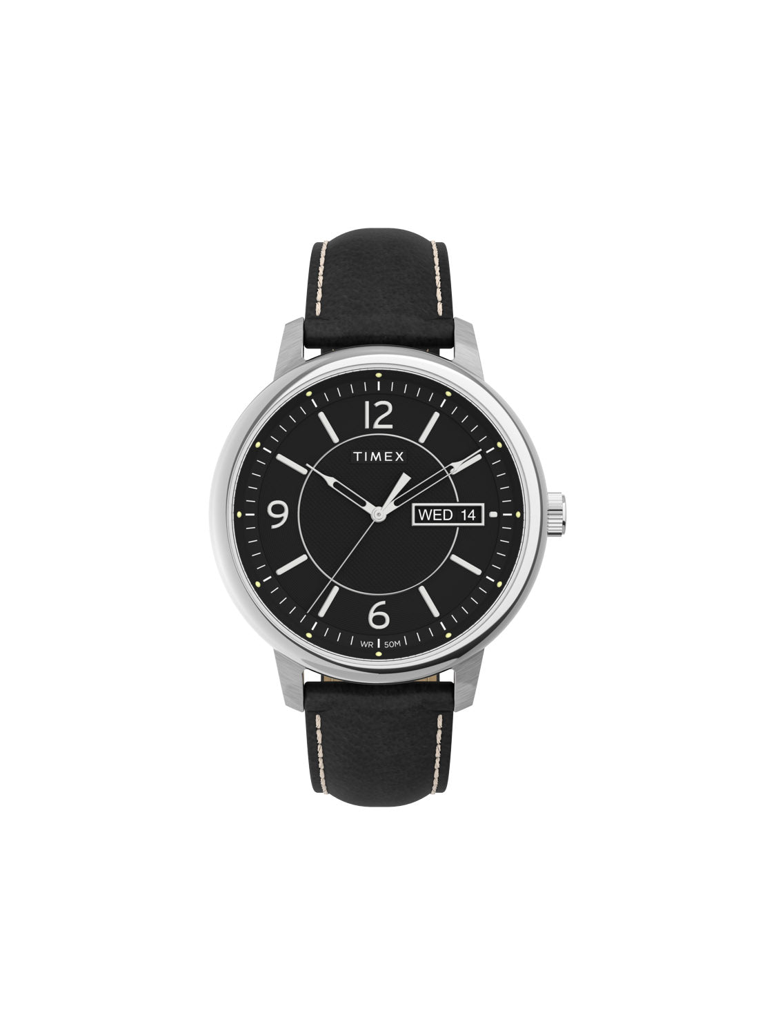 Introducing the Timex Chicago Day Date 45mm Leather Strap Watch by Timex, featuring a quartz movement and black leather strap with white stitching. The silver-tone stainless steel case houses a black dial with silver markers, hands, and Wed 14 date window.
