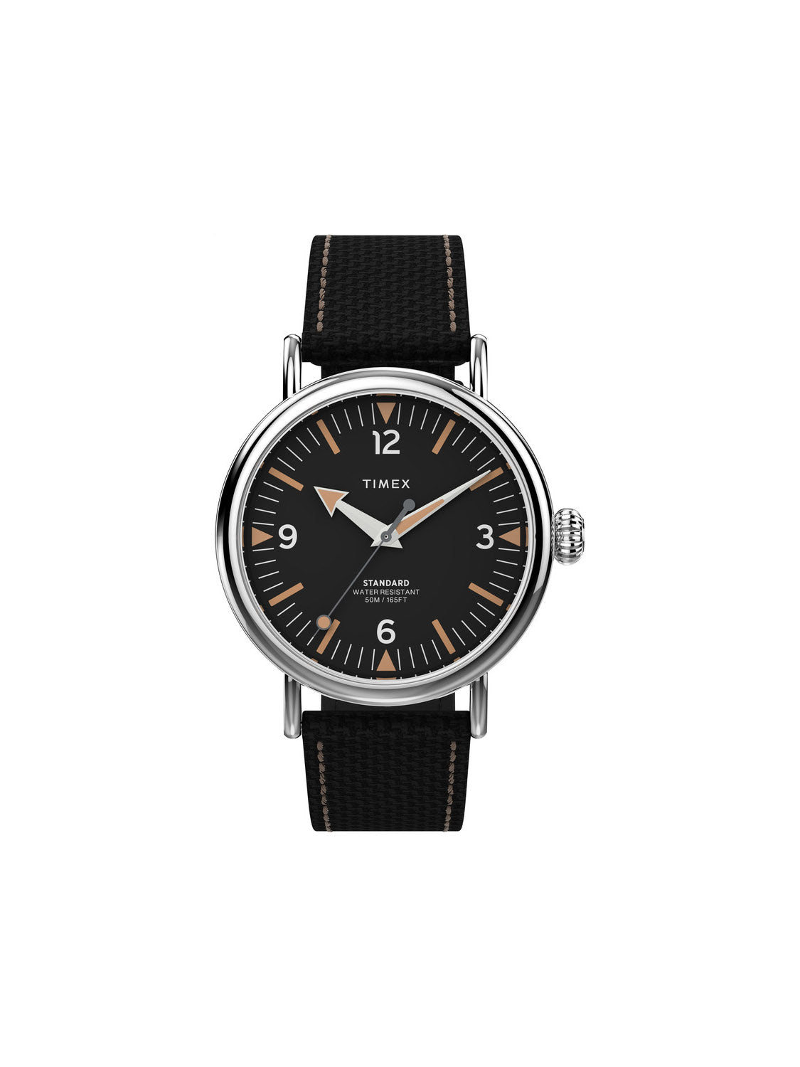 The Timex Standard 40mm Fabric Strap Watch by Timex features a silver ultra-slim case with a black dial, white and orange hour markers, hands, and displays the time as 10:09. It has a military-inspired black fabric strap with brown stitching and a textured pattern.