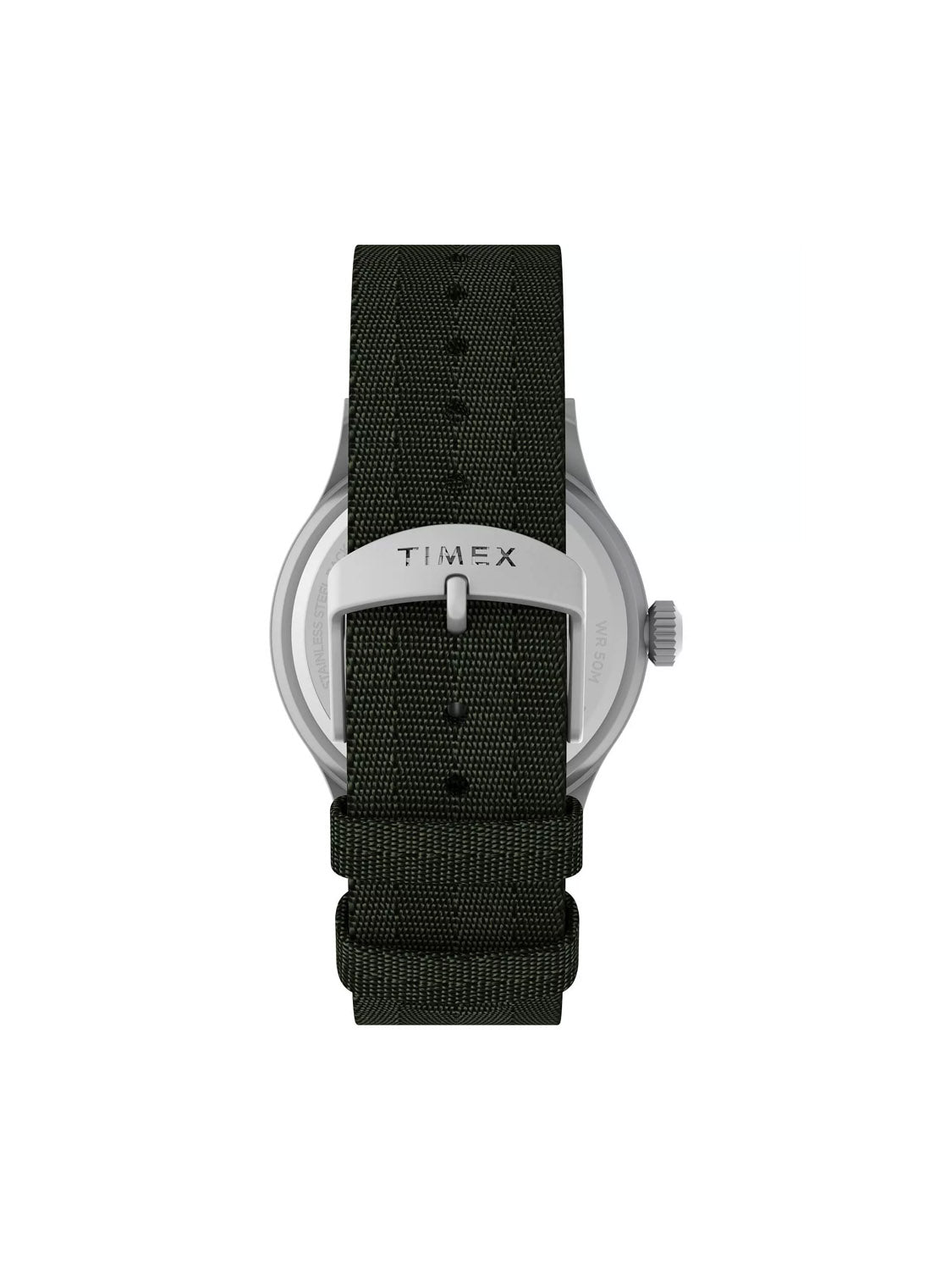 The back view of a Timex Expedition Sierra 40mm Watch shows its dark green recycled fabric strap and a silver buckle embossed with the brand name. Its silver body has a right-side crown, INDIGLO backlight, and water resistance, blending style with functionality.
