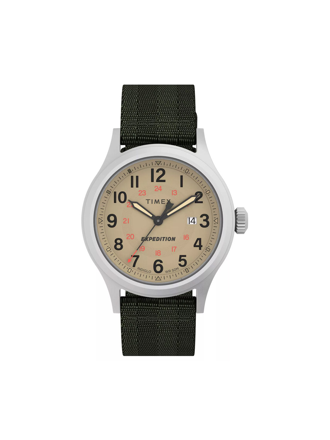 The Timex Expedition Sierra 40mm watch features a beige dial with black numbers, a red second hand, and Expedition in red. Enclosed in a silver case with dark green fabric strap, it offers water resistance, 12/24-hour markers, and an INDIGLO backlight for night visibility.