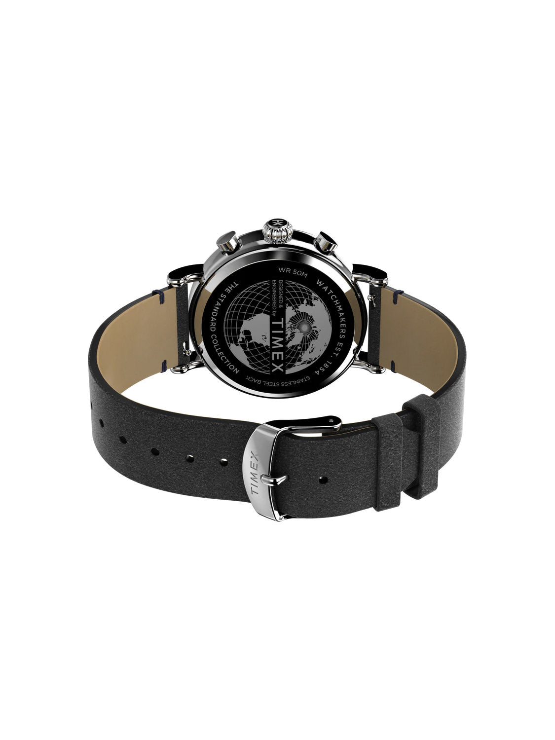 The back view of the Timex Standard Chronograph 41mm Eco-Friendly Leather Strap Watch showcases a black leather strap with a silver buckle. Its quick-release design ensures convenience, while engraved multilingual text and geometric patterns on the case back add elegance to this Timex timepiece.