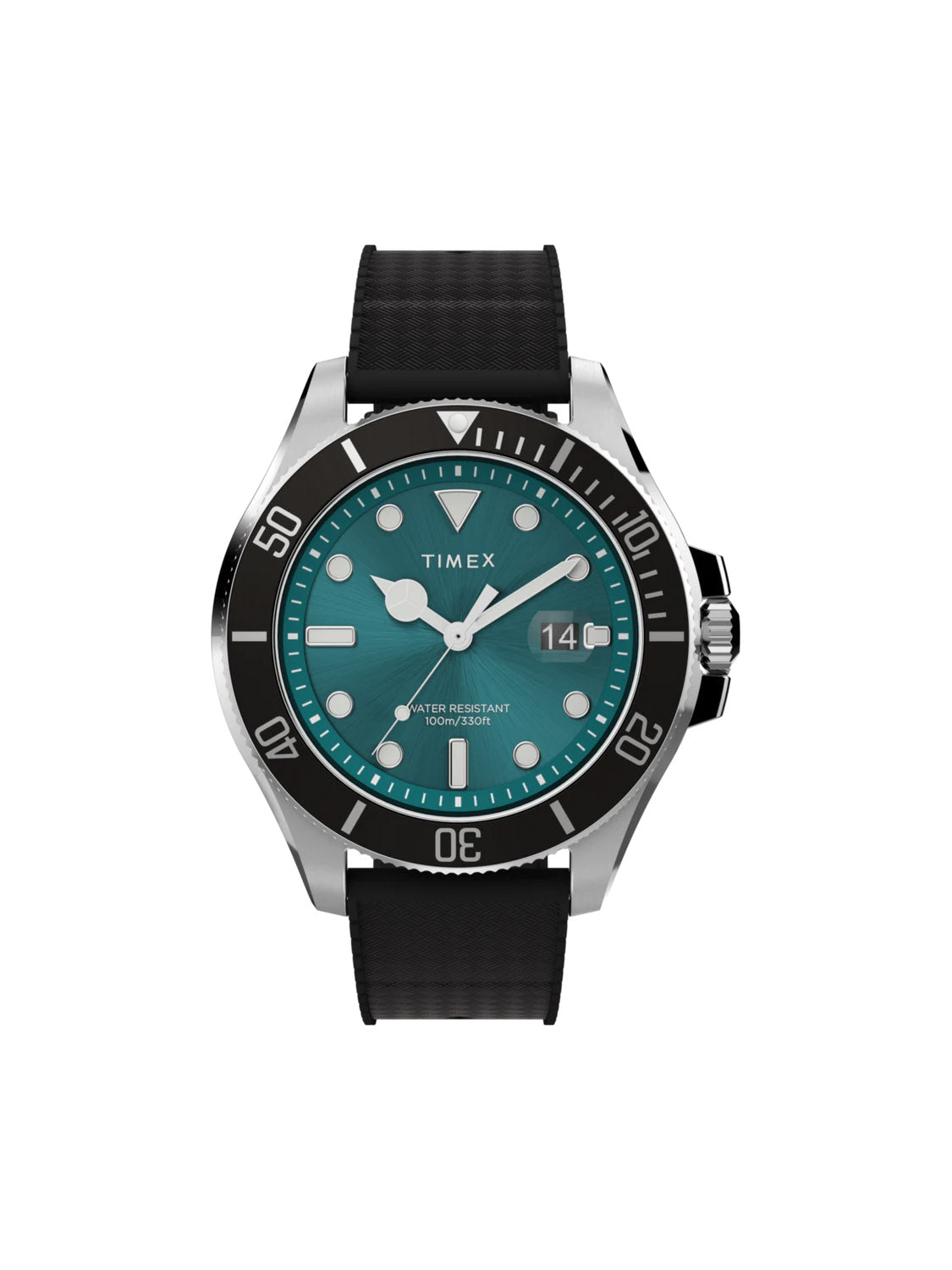 The Timex Harborside Coast 43mm features a teal aventurine-colored dial with white markers, black bezel and strap, date at 3 o’clock, and a sporty, water-resistant nautical design.