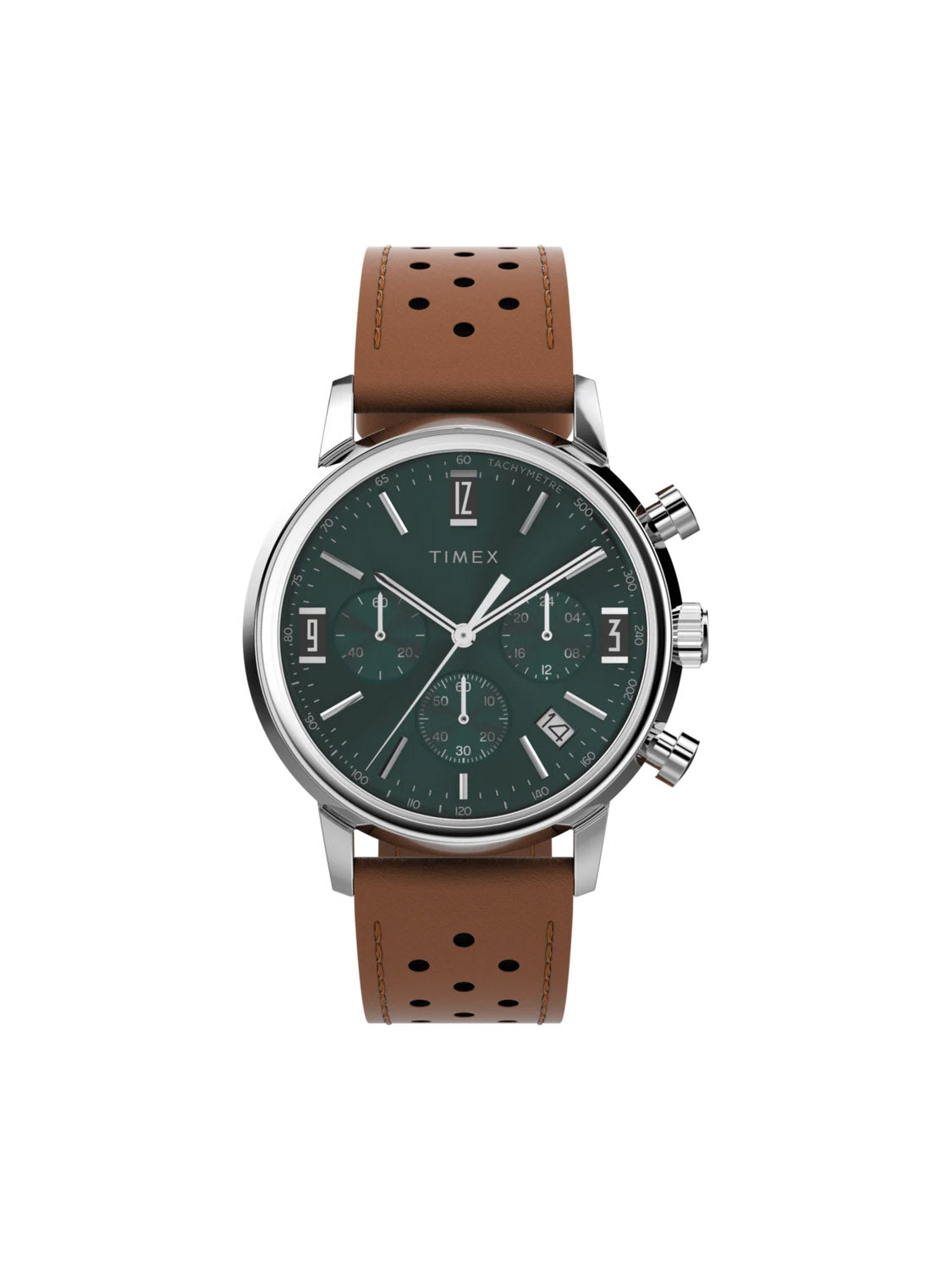 The Timex Marlin® Chronograph Tachymeter features a green dial, silver case, three sub-dials, brown perforated leather strap, and quartz movement, shown against a white background.