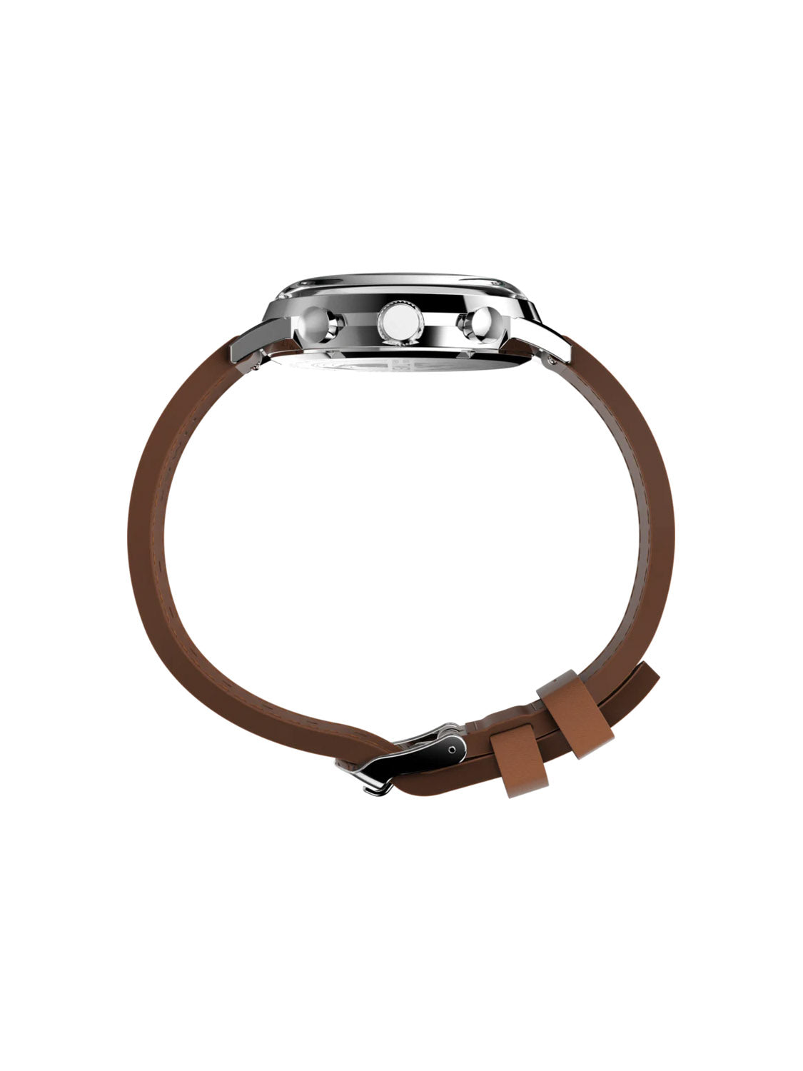 A side view of the Timex Marlin® Chronograph Tachymeter shows its round silver case, two side buttons, and brown leather strap with buckle, featuring precise quartz movement—all set against a white background.