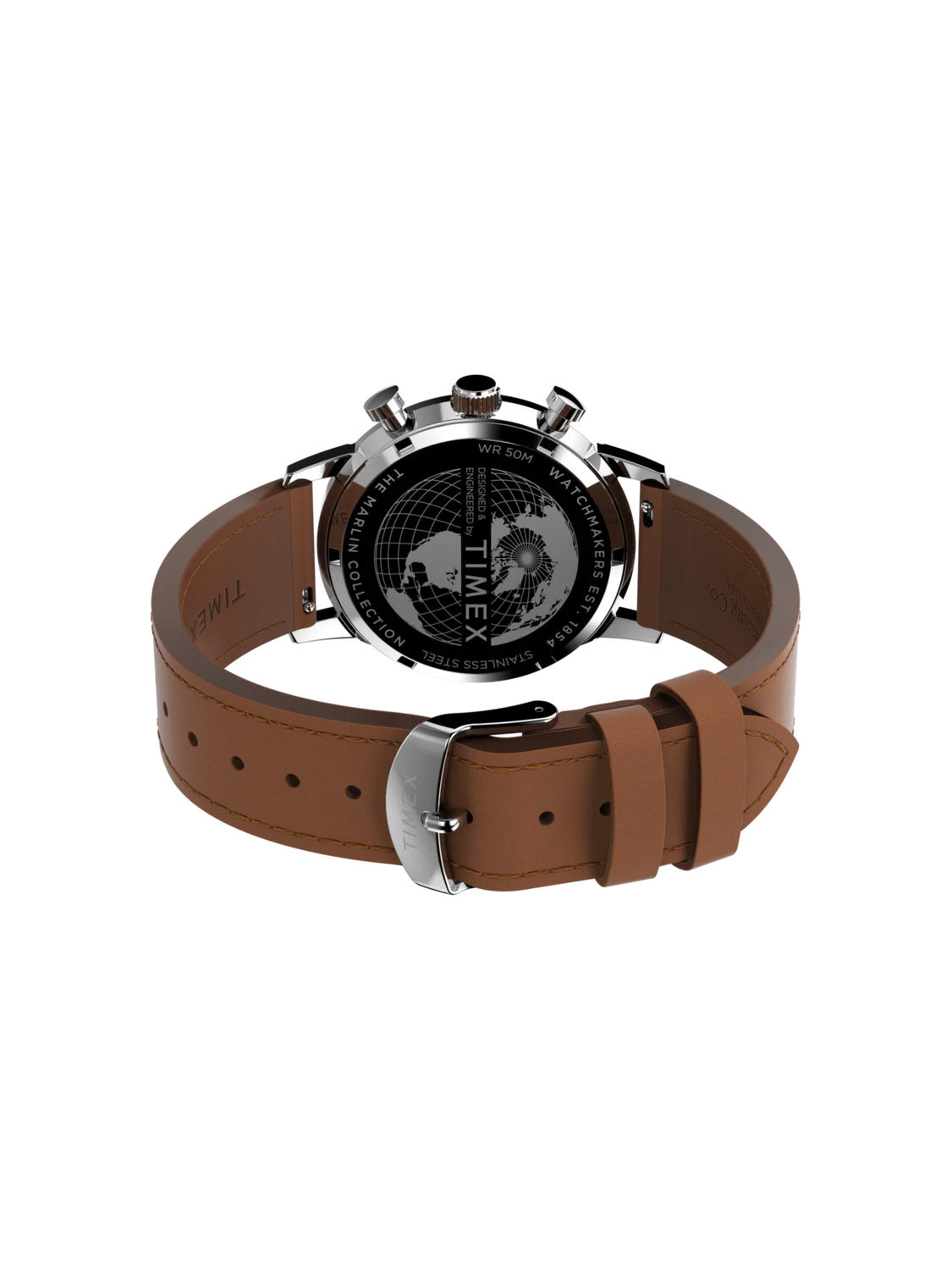 The Timex Marlin® Chronograph Tachymeter features a brown leather strap with a stainless steel buckle. Displayed case back up, it reveals engraved details and a globe design on the black back, blending style and precision with quartz movement.