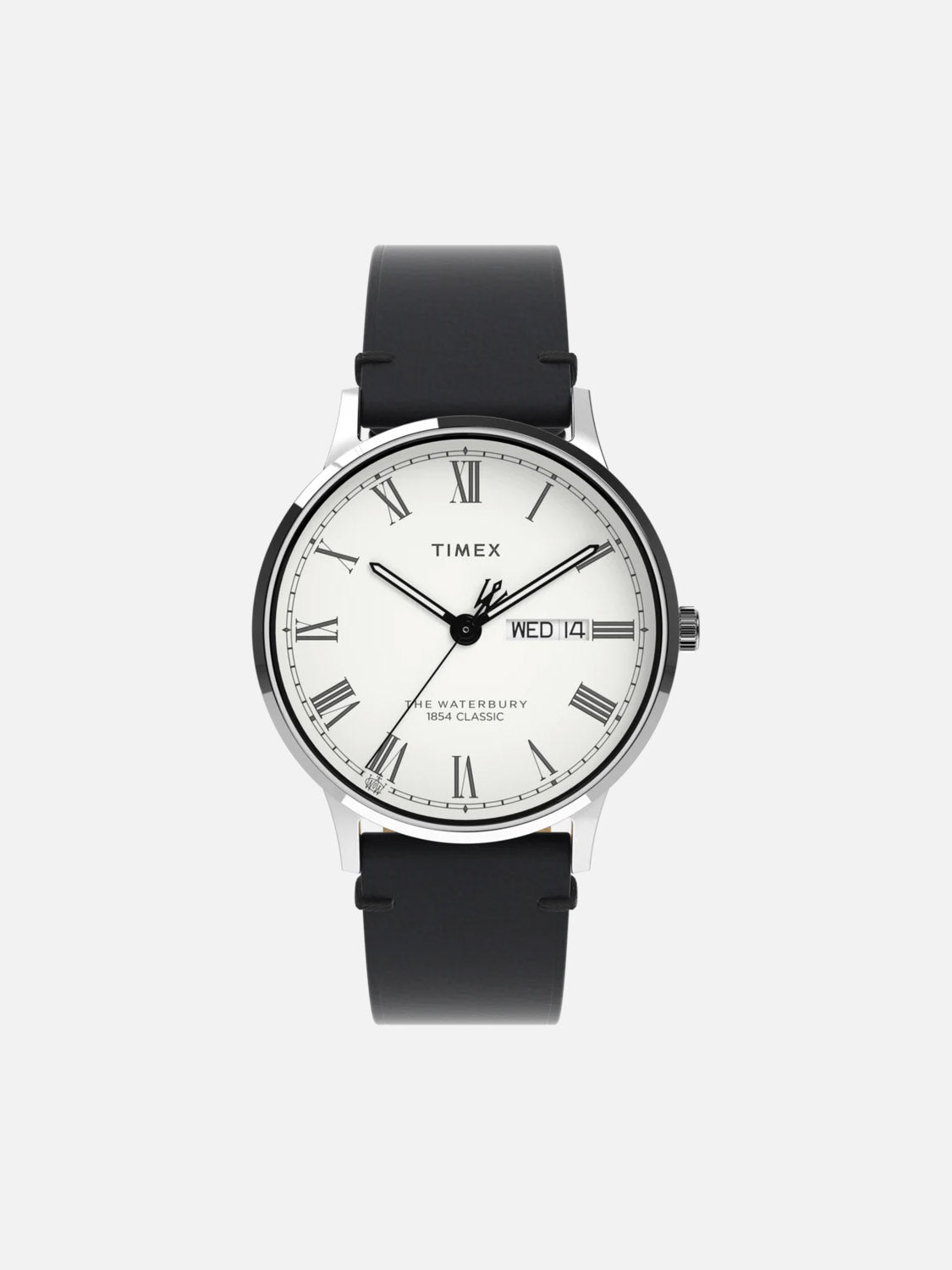 The Timex Waterbury Classic features a quick release leather strap, white dial with black Roman numerals, day-date at 3 o’clock, silver-tone case, and black hands.
