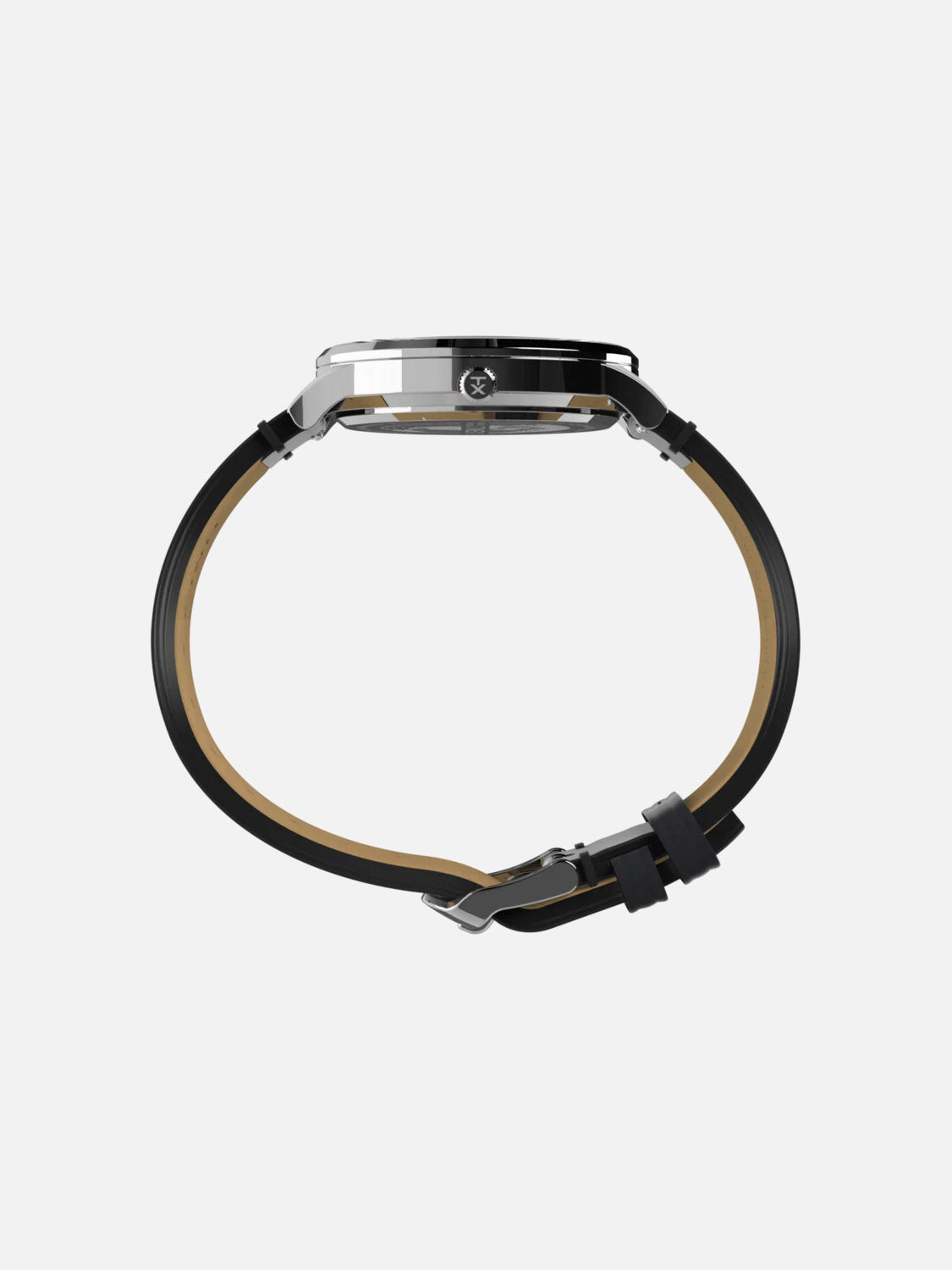 A side view of the Timex Waterbury Classic watch with a round silver stainless steel case and an unfastened quick release leather strap, displayed against a plain white background.