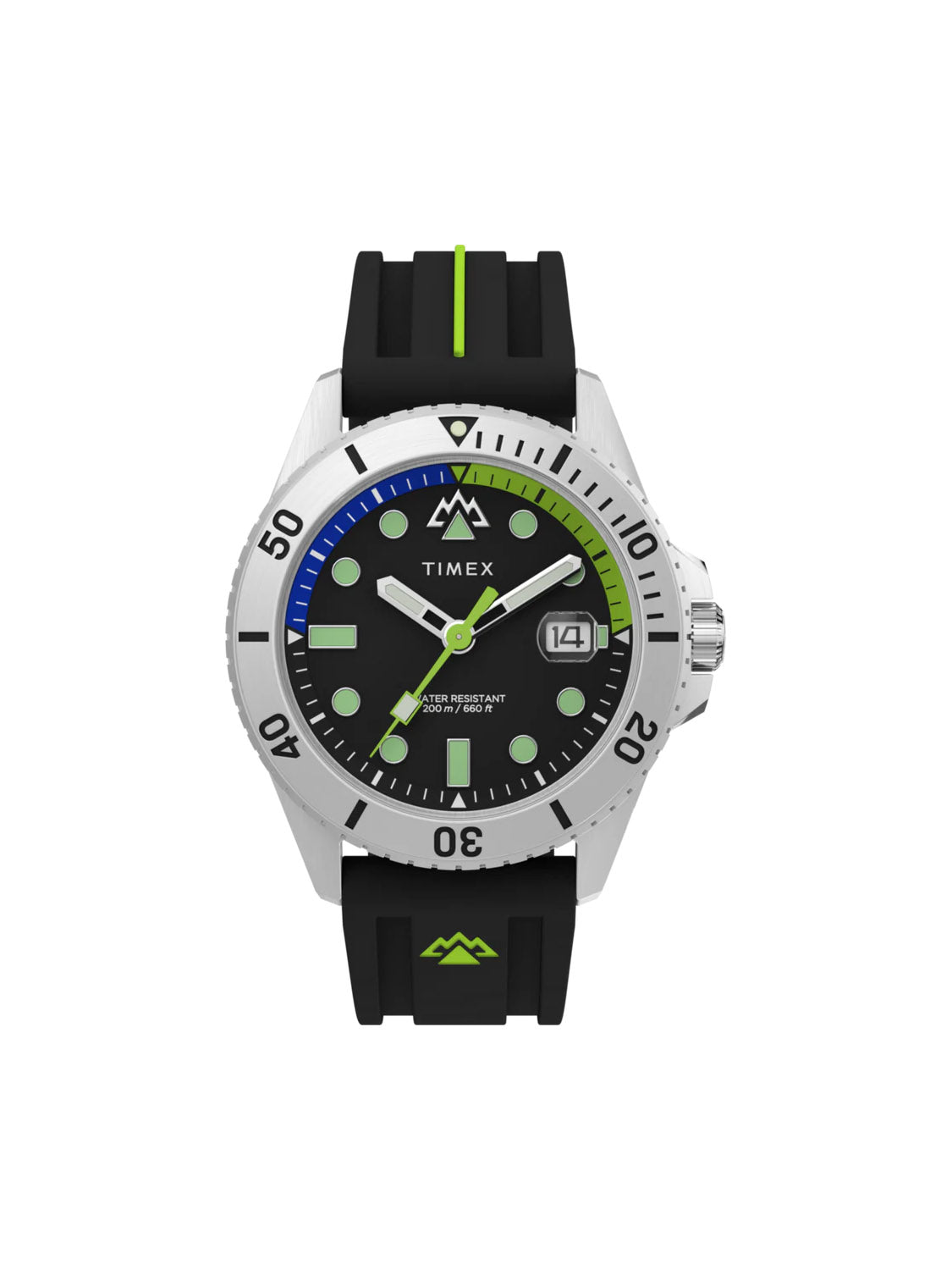 The Timex Expedition Anchorage 42mm features a black and stainless-steel case, black dial with luminous green and blue markers, and hands with date at 3 oclock. The silicone strap has a green stripe and mountain emblem, ideal for diver watch enthusiasts.