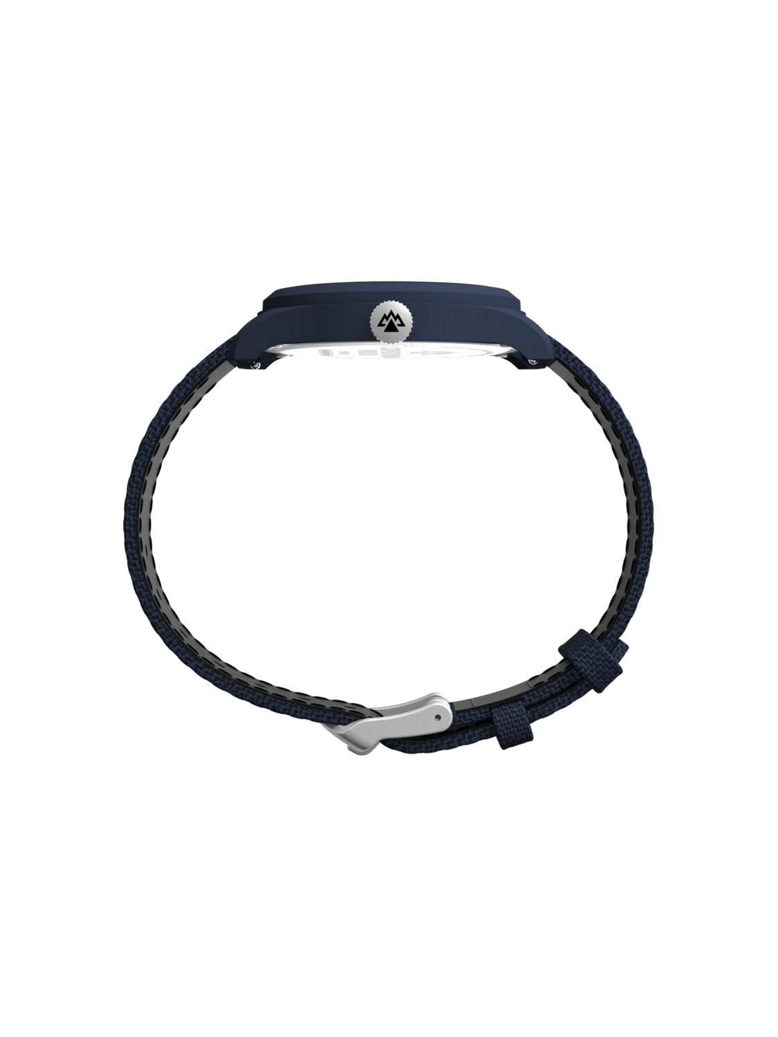 A side view of the Timex Expedition Traprock Solar 40mm showcases its eco-friendly black recycled plastic strap and silver buckle, all set against a plain white backdrop, highlighting the thinness and design of the eco-ceramic case and strap.