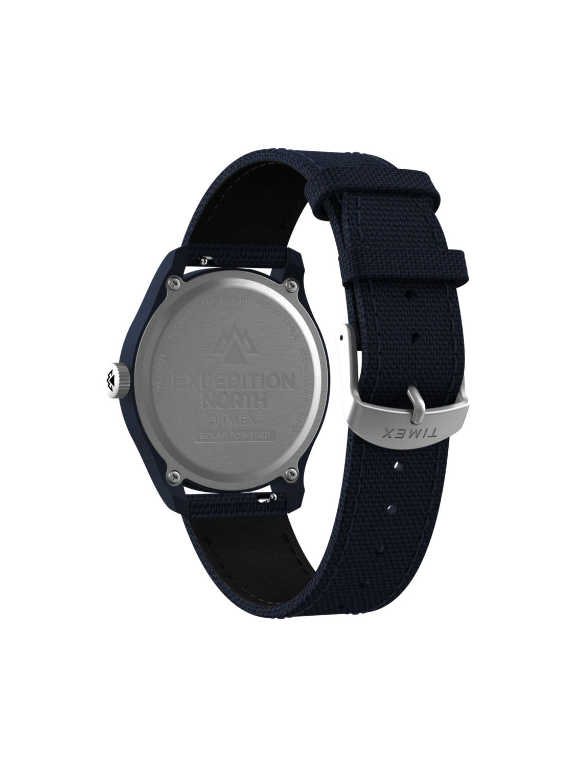 The image displays the back of a Timex Expedition Traprock Solar 40mm Eco-friendly Strap Watch with a dark recycled plastic strap and metal clasp. It features a silver case engraved with branding and model details.