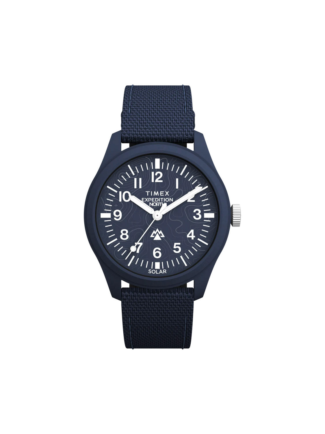 The Timex Expedition Traprock Solar 40mm features a navy blue face, textured recycled plastic strap, solar-powered movement with white markers and hands, Solar text at the bottom, and a matching navy blue case for an eco-friendly look.