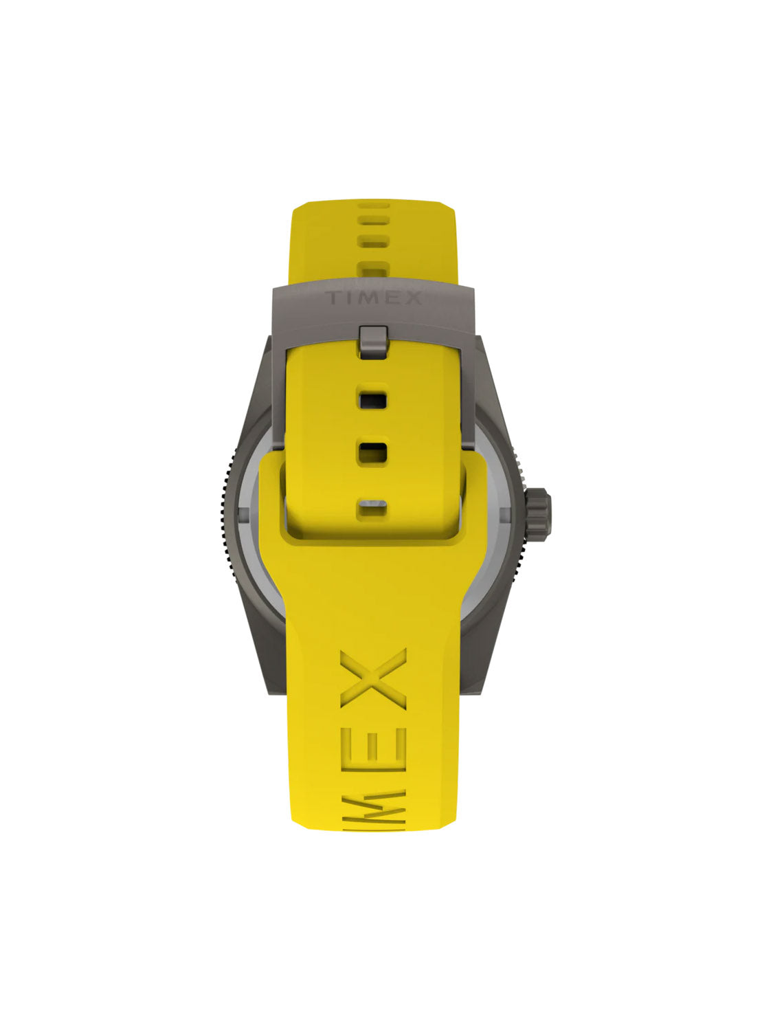 Back view of the Timex Deepwater Reef 200 watch featuring a bright yellow synthetic rubber strap embossed with TIMEX near the metallic rectangular clasp. The metallic gray case offers water resistance, ideal for underwater activities. The watch face is not shown.