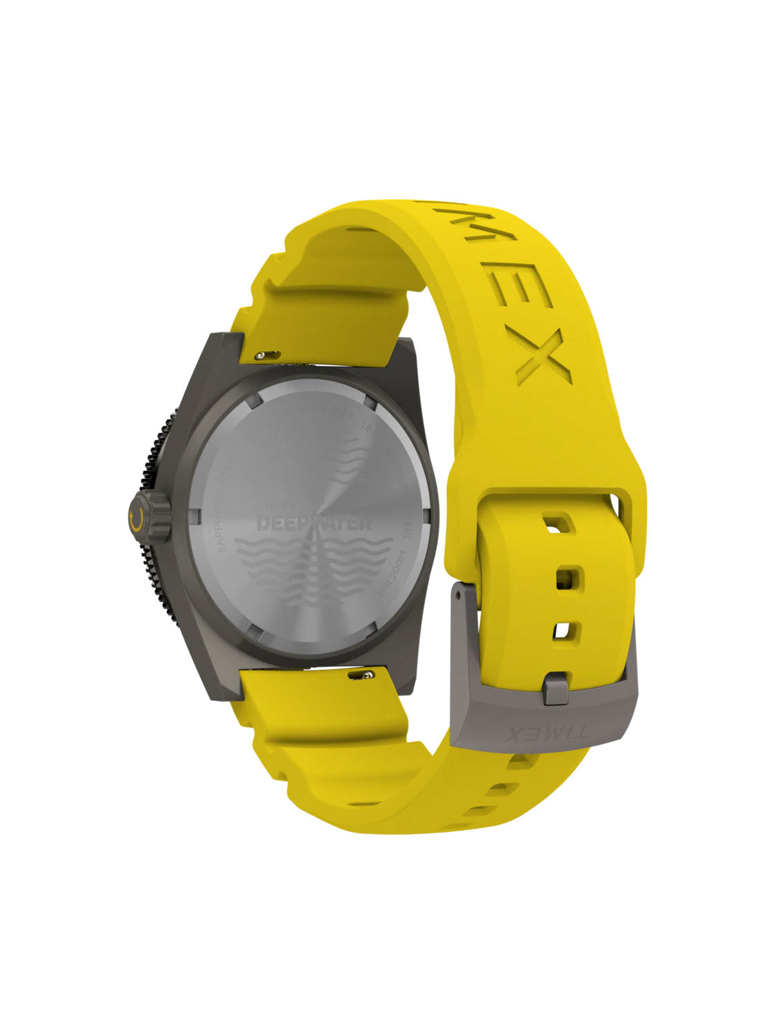 The back view of the Timex Deepwater Reef 200 watch shows its yellow synthetic rubber strap and DEEP DIVE on the metal case, emphasizing water resistance. The strap has a metal buckle and Super-Luminova® for visibility in low light conditions.