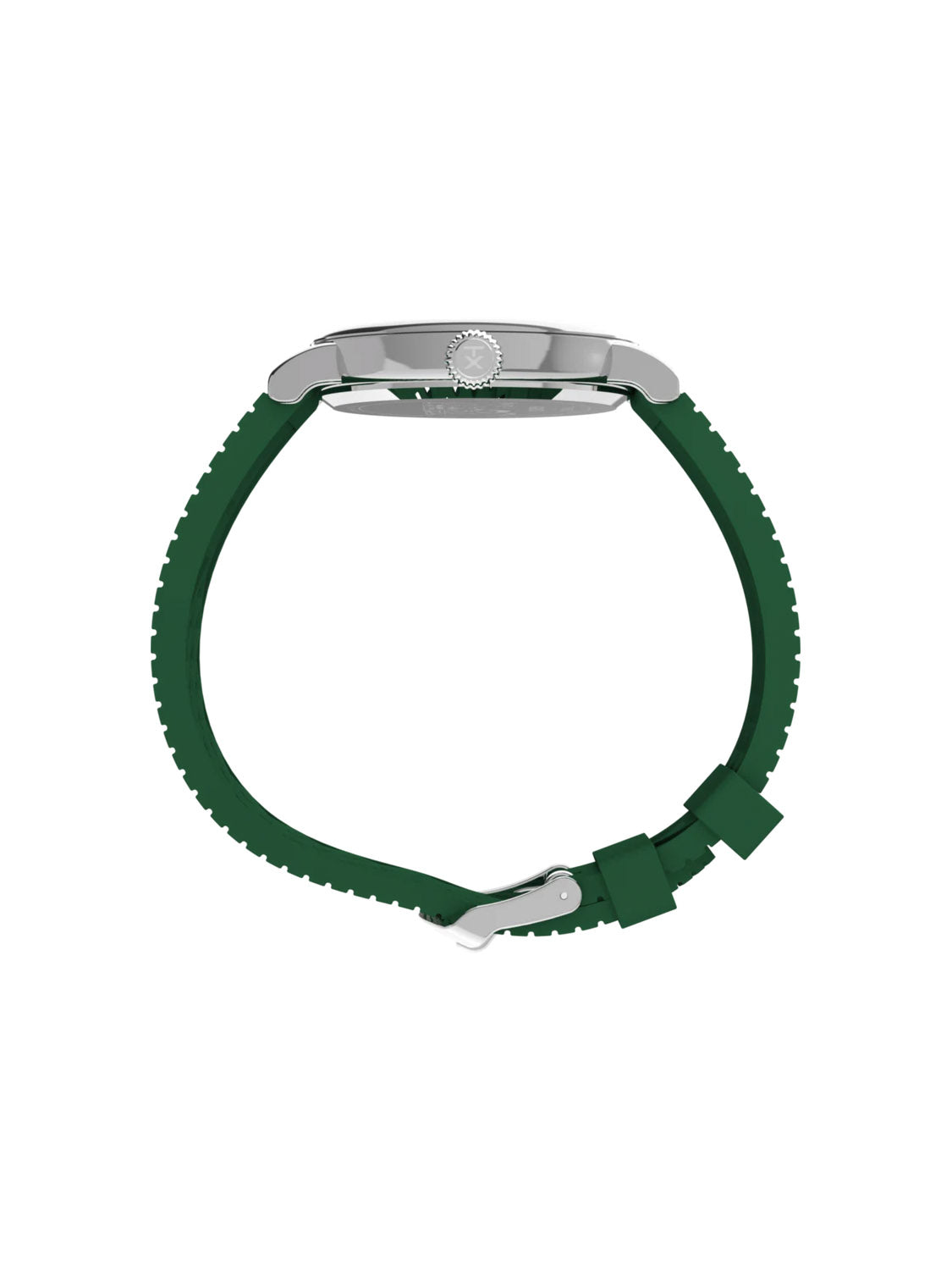 A side view of the Timex x Peanuts® Standard 40mm watch by Timex, featuring a green synthetic rubber strap and silver case, shown against a white background. The clasp is partially fastened, with the watch face hidden.