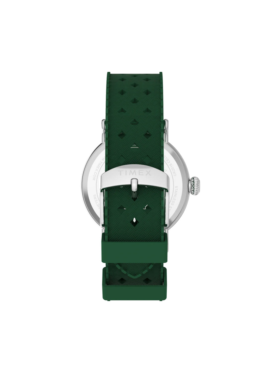 The back view of the Timex x Peanuts® Standard 40mm watch features a textured dark green synthetic rubber strap and silver buckle, shown against a white background.