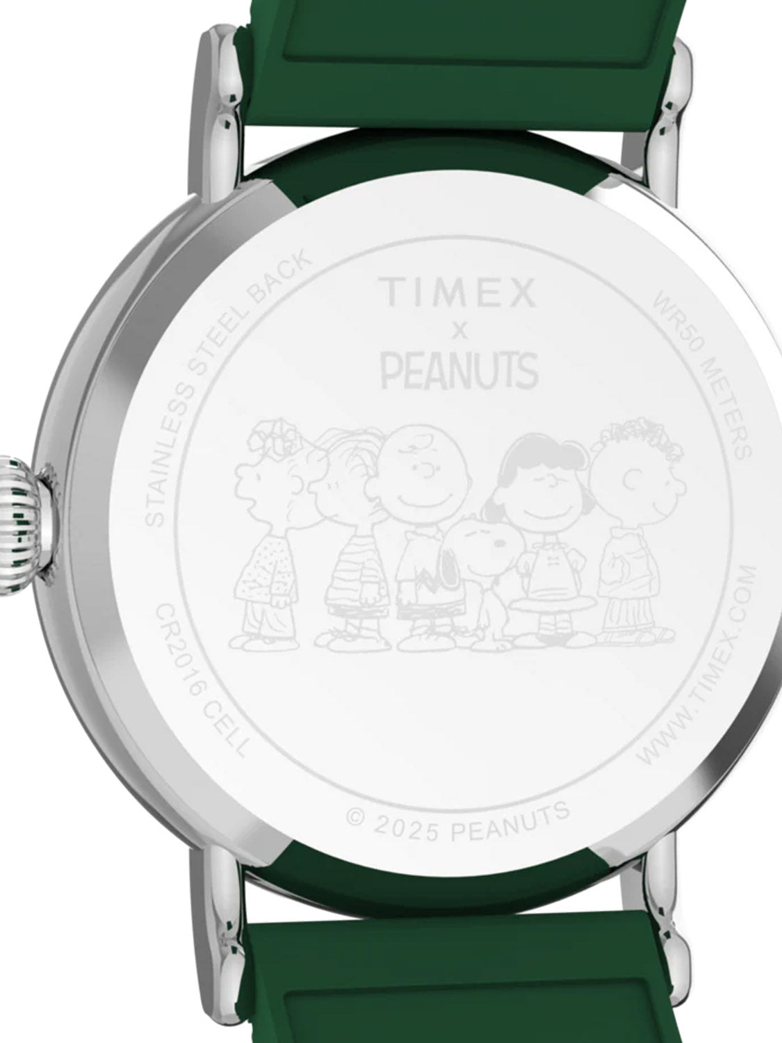 The Timex x Peanuts® Standard 40mm Synthetic Rubber Strap Watch has a green strap and an engraved back with Peanuts characters, plus details like STAINLESS STEEL BACK, WR 30 METERS, and © 2025 PEANUTS.
