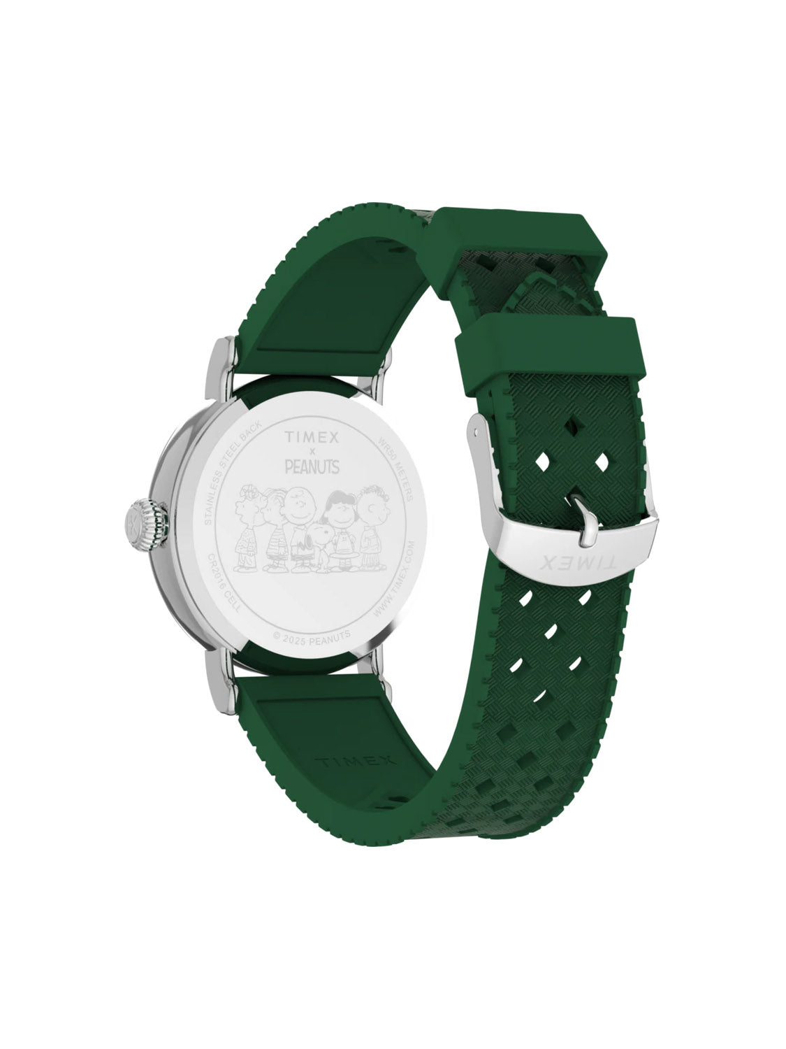 The Timex x Peanuts® Standard 40mm watch features a green synthetic rubber strap and a silver case back engraved with Snoopy and friends, plus Timex and Peanuts logos for classic-meets-playful style.