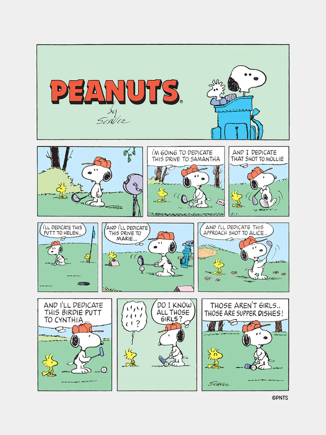 Snoopy, wearing a red visor and his Timex x Peanuts® Standard 40mm Synthetic Rubber Strap Watch, plays golf with Woodstock. He dedicates shots to girls—until Woodstock jokes theyre just super dishes, leaving Snoopy surprised!.